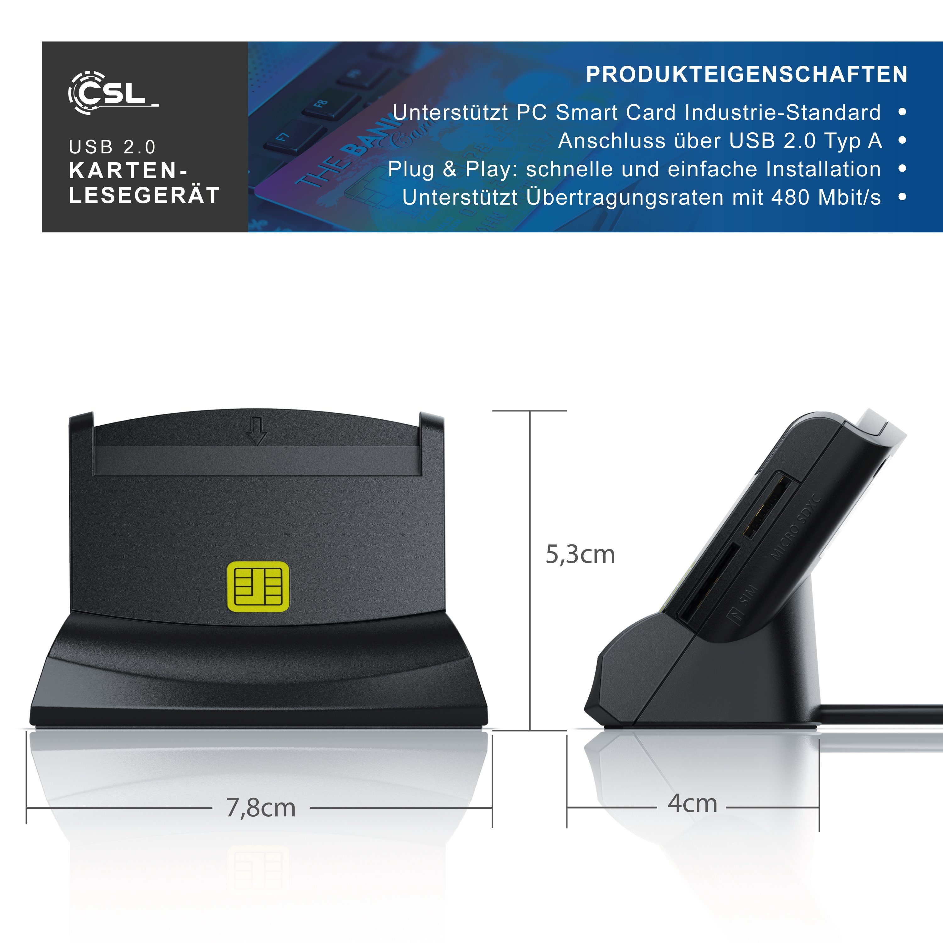 CSL Speicherkartenleser Chipkartenleser, SmartCard Reader, Cardreader, SIM Cards, SD, Micro SD, USB 2.0 Typ A, SD Card, microSD, Simcard, Smartcard, 480 Mbit/s