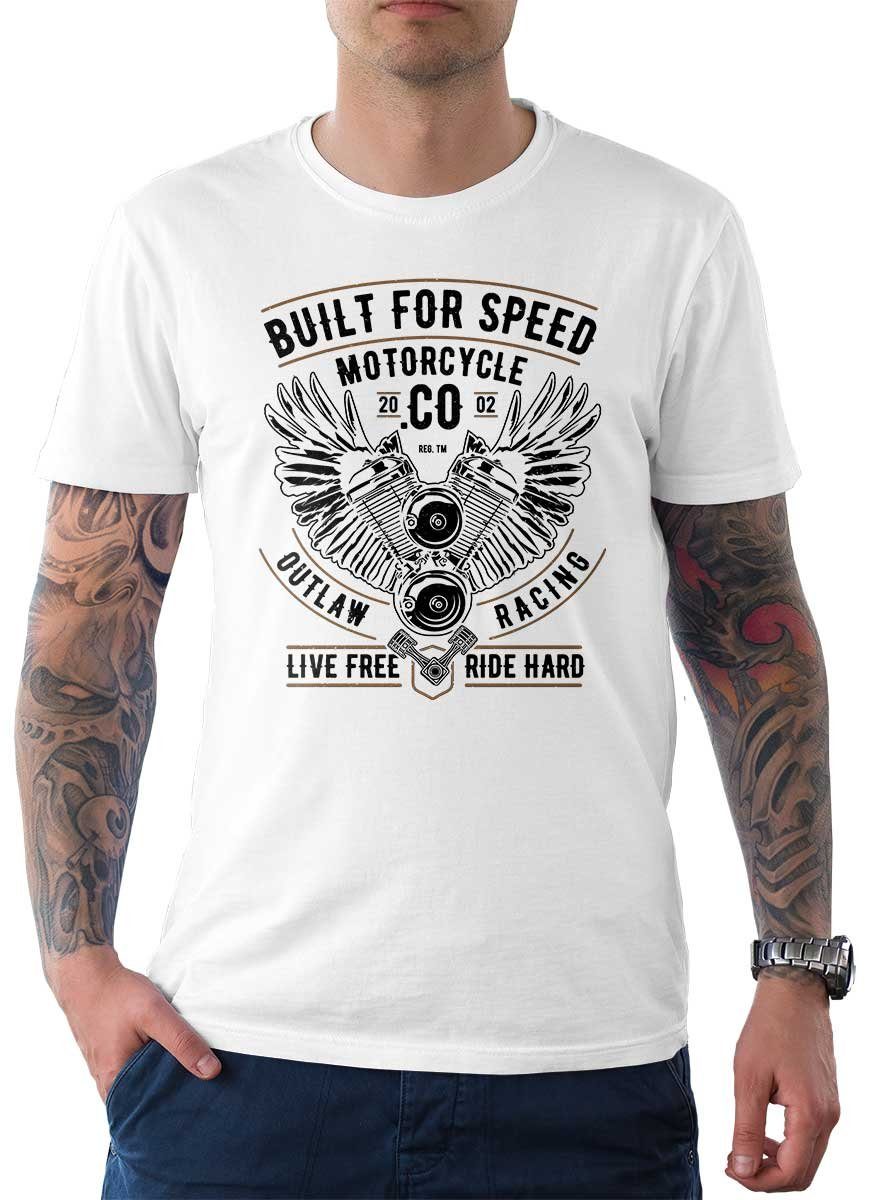 Rebel On Wheels T-Shirt Herren T-Shirt Tee Built For Speed mit Biker / Motorrad Motiv Weiß
