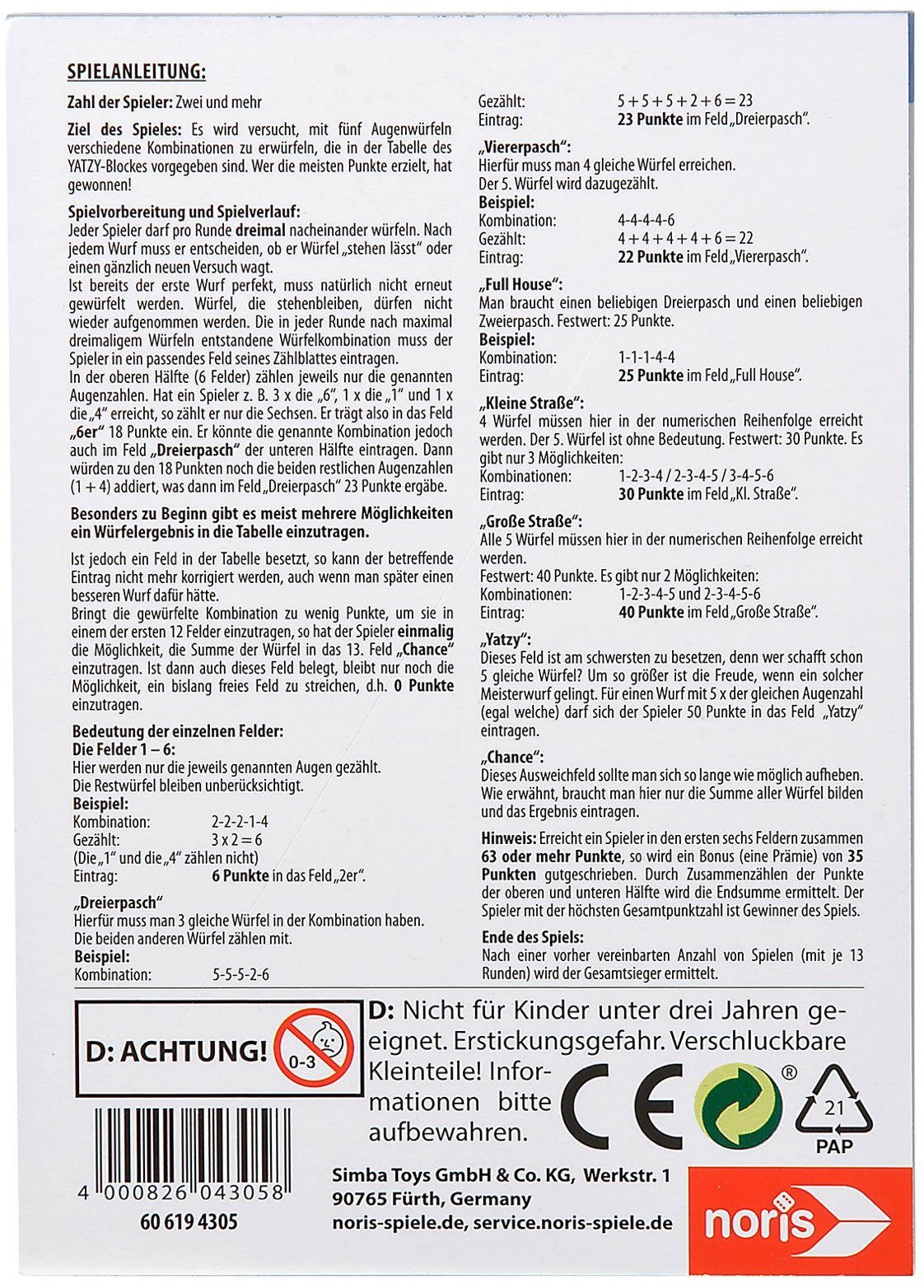 Noris Spiel Zubehör Ersatzblock Yatzy Spielblock 606194305