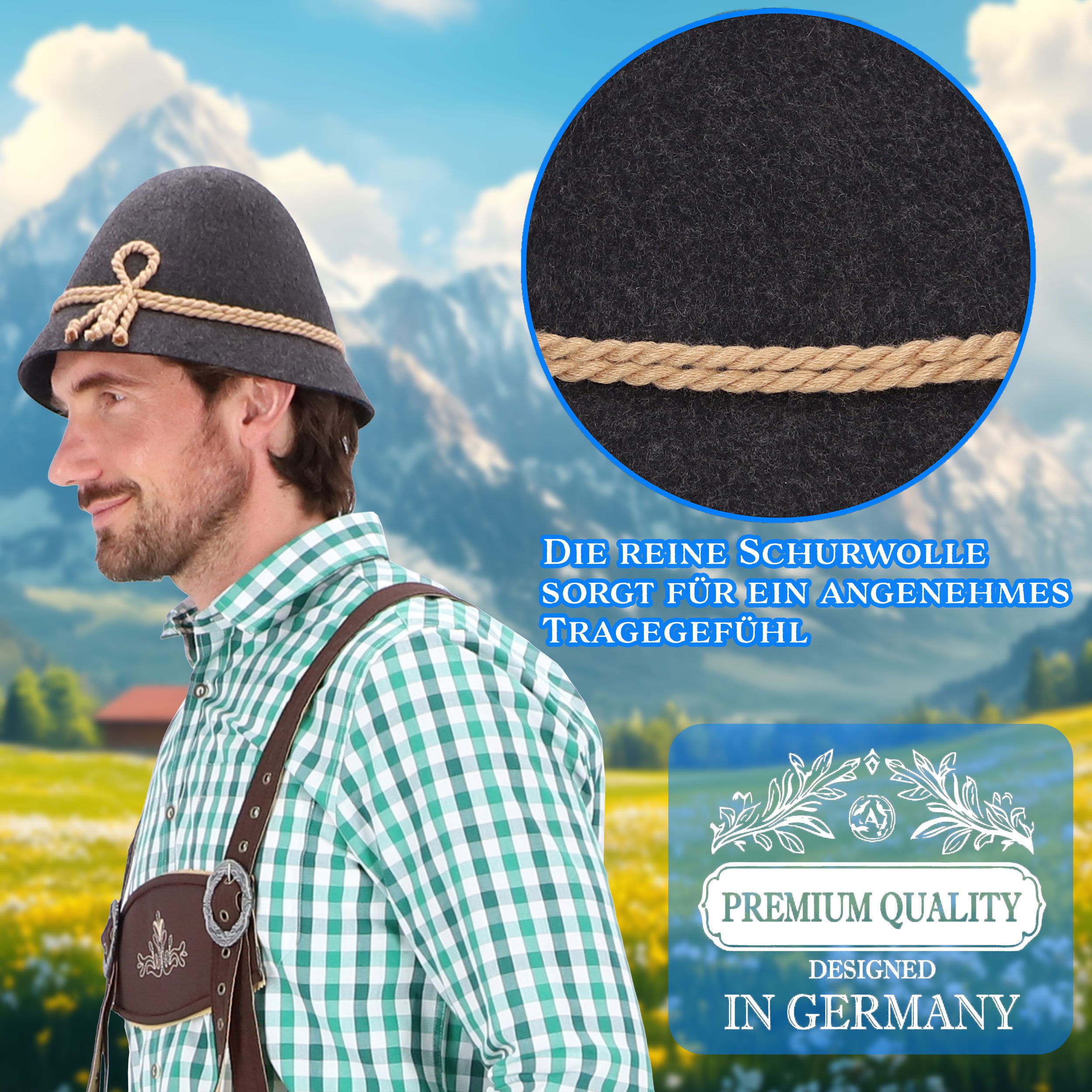 Steigenhöfer Manufaktur Trachtenhut Herren Heinrich - bayrischer Wanderhut Stopselhut aus 100% Schurwolle Schmale Krempe & Kordel - 2-Fach Kordel - Ideal fürs O – Bild 4 von 5