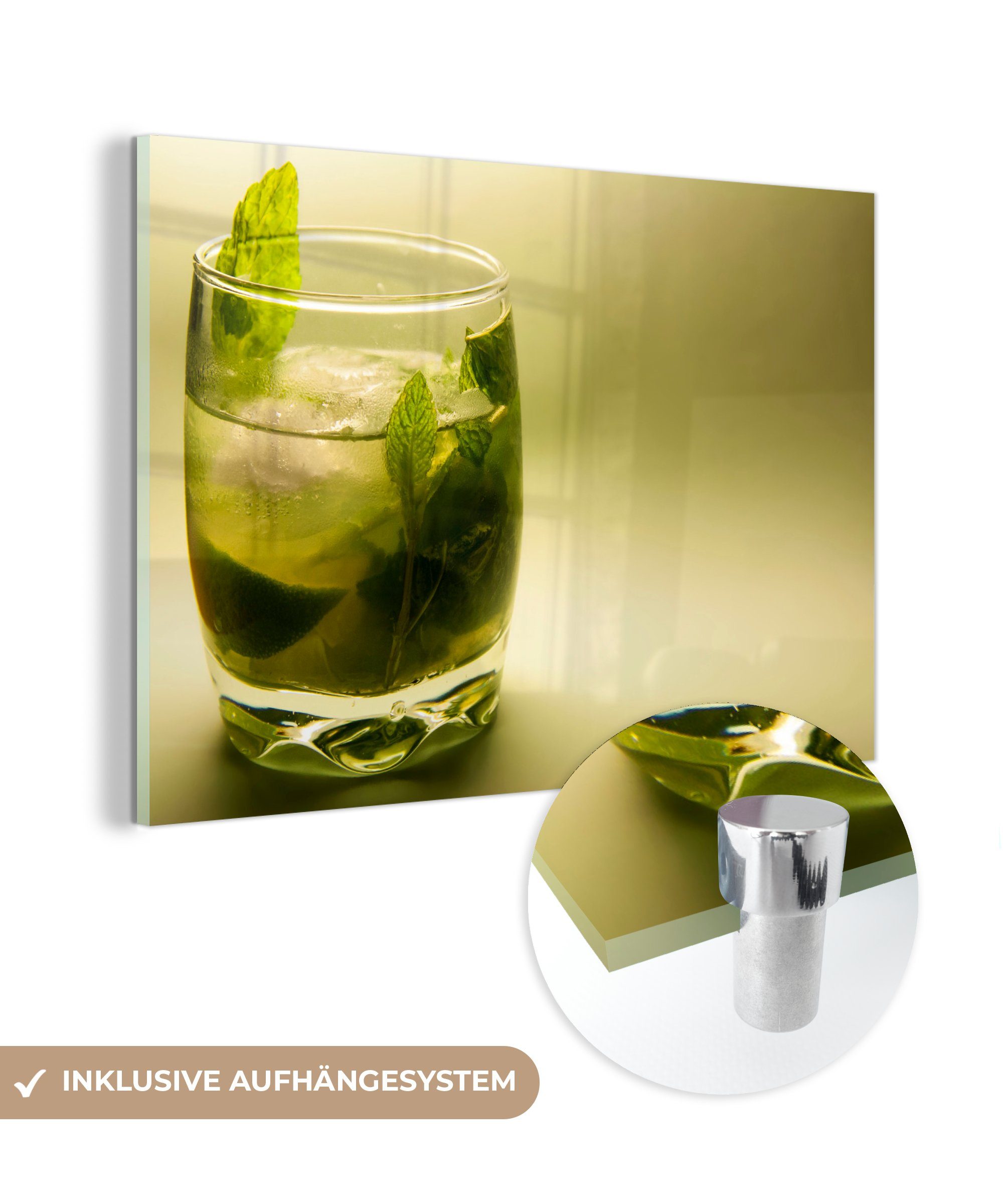 MuchoWow Acrylglasbild Mojito-Cocktail auf grünem Hintergrund, (1 St), Acrylglasbilder Wohnzimmer & Schlafzimmer