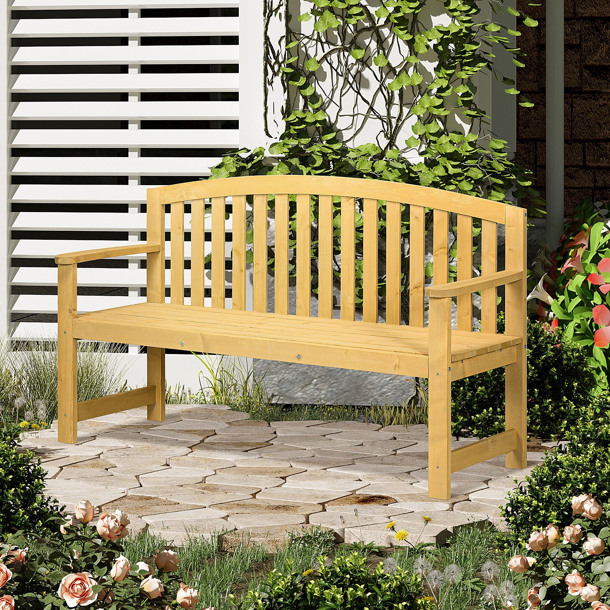 Outsunny Gartenbank Holz wetterfest, Gartenmöbel mit Rückenlehnen, 240 kg belastbar (Parkbank, 1-St., Sitzbank), für Balkon Terrasse, Garten, 143 x 51 x 85 cm, Orange