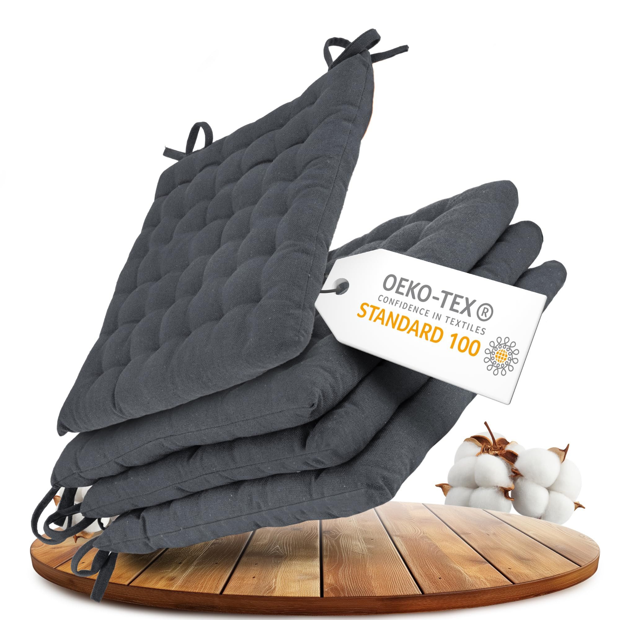 Gräfenstayn Stuhlkissen 4er-Set in 40x40cm und 5cm dicker Polsterung aus 100% Baumwolle, robustes Sitzkissen für Indoor & Outdoor, mit Haltebändern