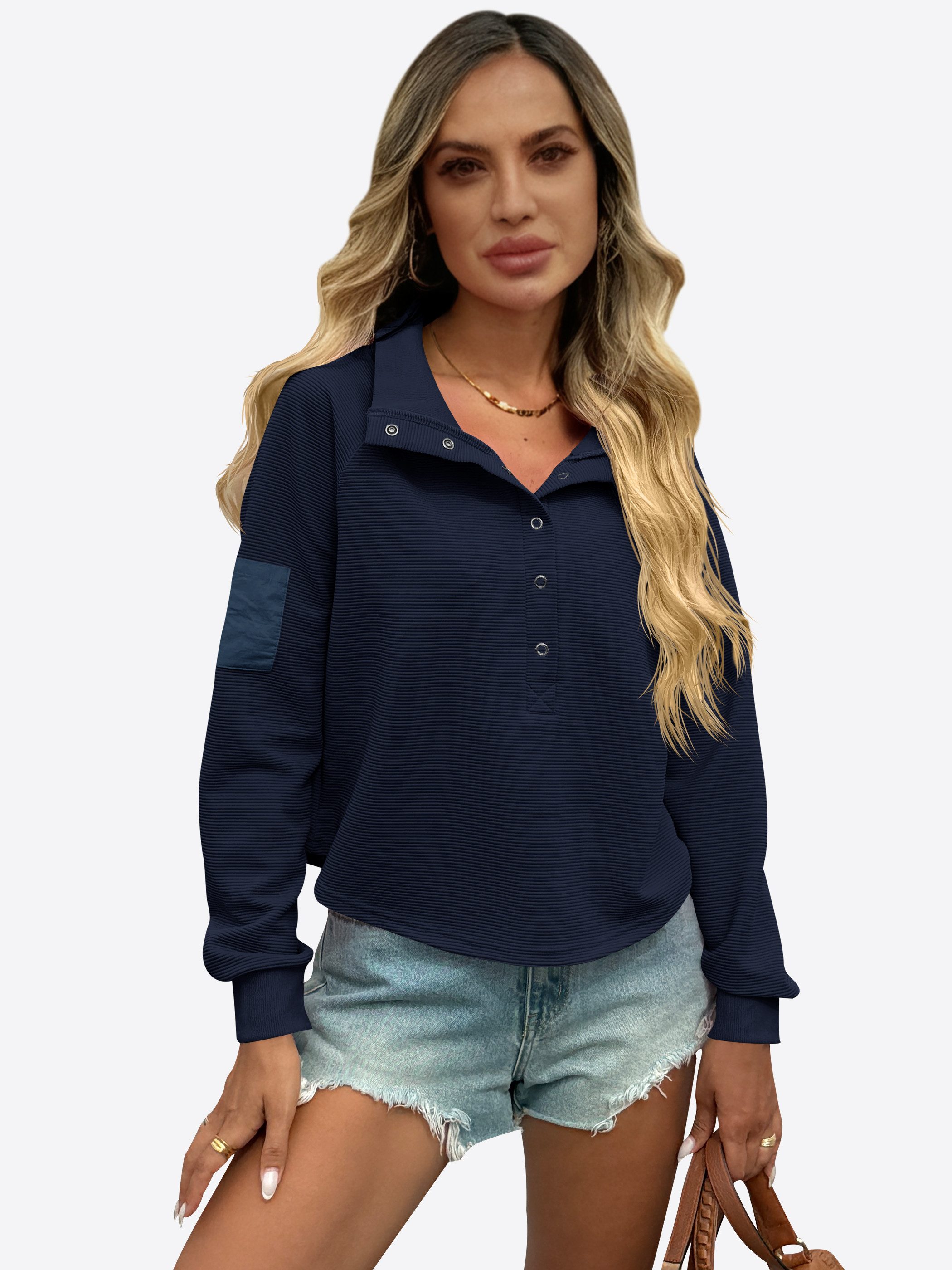 Imily Bela Sweatshirt Damen Kurzes Pullover mit Henley (Packung, 1-tlg., 1per-Pack) mit Druckknopf