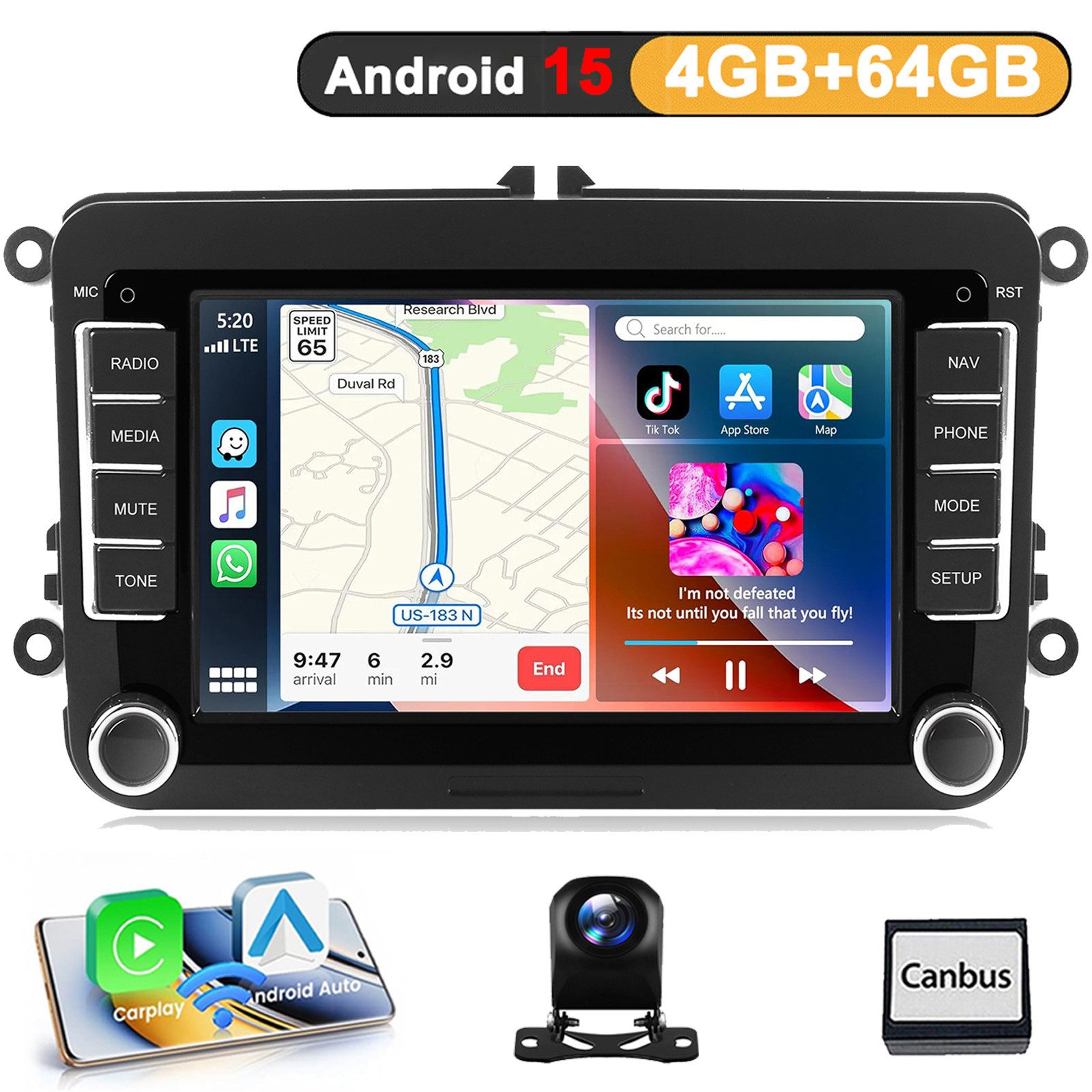 A-Sure 4+64 Android 15 CarPlay für VW GOLF 5 6 Plus Polo Cadddy Touran Passat Autoradio (Digitalradio (DAB), FM, AM, RDS, DSP, 4+64G / Bluetooth 5.4 /WiFi 6.0 / SWC)