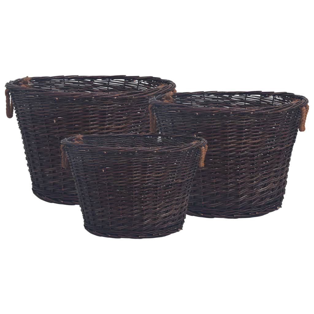 furnicato Kaminholzkorb 3er Set Brennholzkörbe aus Massivholz Weide Dunkelbraun 40x25-60x38, Stapelbare Weidenkörbe mit Seilgriffen für Kamin oder Wäsche