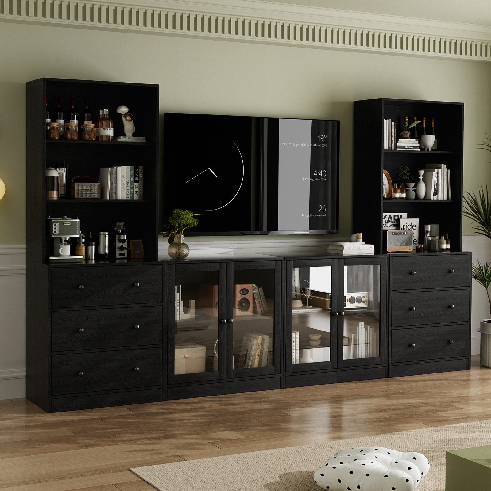 VOWNER TV-Schrank mit Bücherregalen für Fernseher bis zu 70 Zoll, 280 cm TV-Ständer (4-St) Wohnzimmer-Fernsehschrank mit gehärteten Glastüren und Einlegeböden