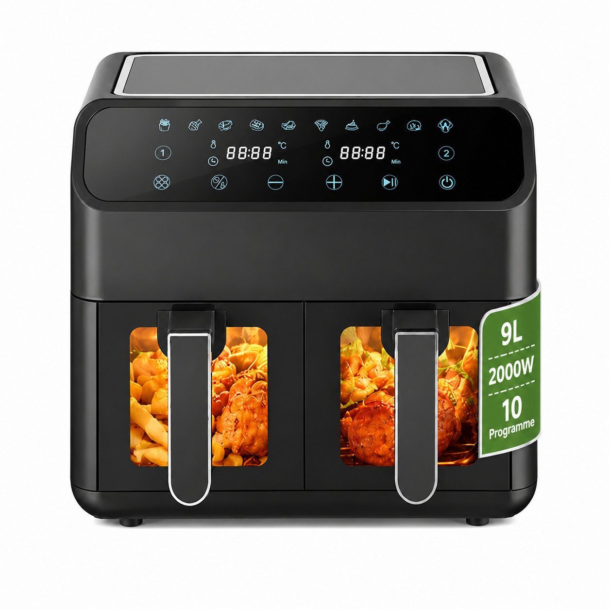 PHILODECO Heißluftfritteuse 9L mit 10 voreingestellten Programmen, 2000W, 80 °C – 200 °C, 1 – 60 Min, Zwei Frittierkörbe, Sichtfenster, Unabhängiger Temperaturregelung, 2000 W, Zwei separate Frittierkörbe, Unabhängige Temperatur