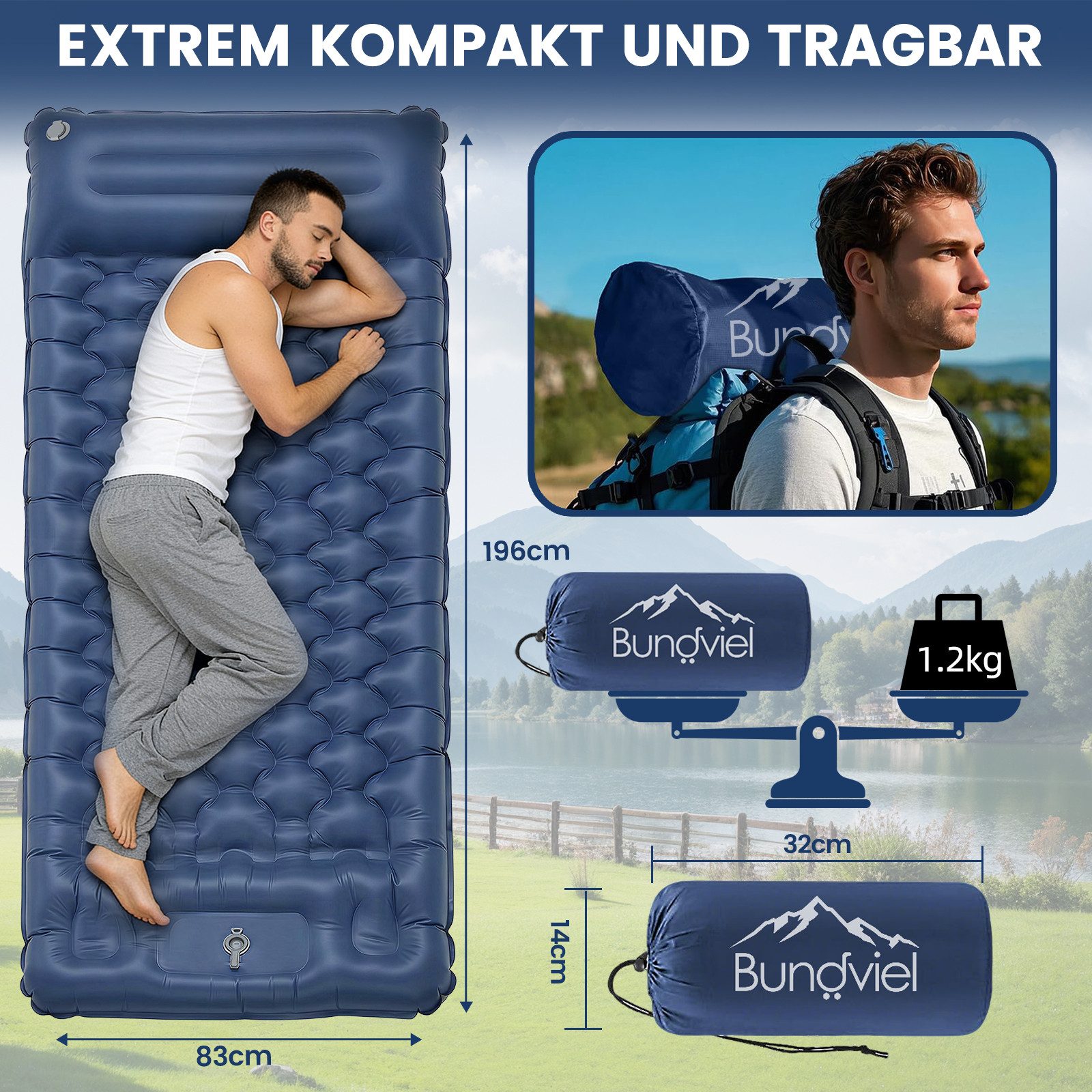 Bundviel Isomatte Luftmatratze Outdoor Camping Isomatte Selbstaufblasend Ultraleicht, 12cm Ultradicke 83cm Ultrabreite mit Fußpumpe