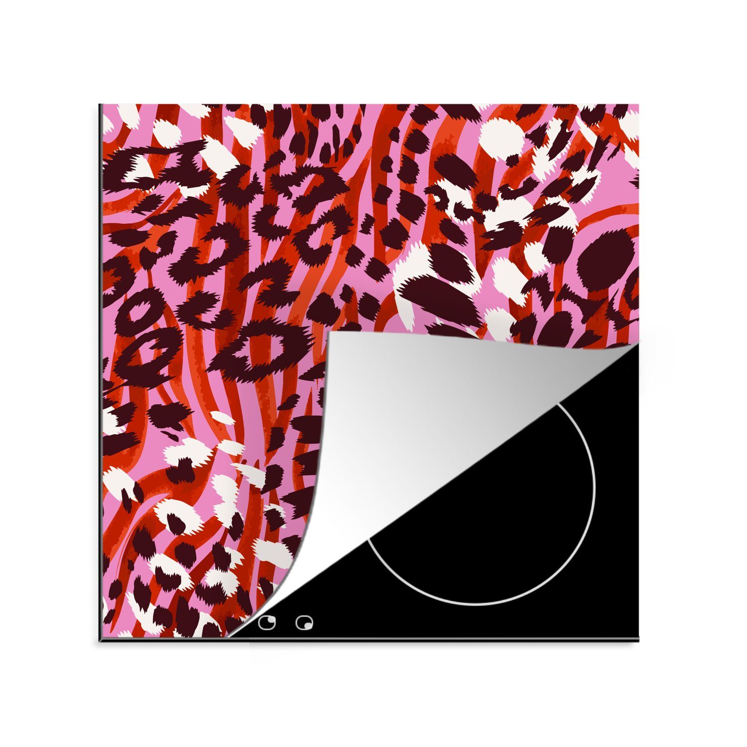 MuchoWow Herdblende-/Abdeckplatte Pantherdruck - Rosa - Rot, Vinyl, (1 tlg), 78x78 cm, Ceranfeldabdeckung, Arbeitsplatte für küche