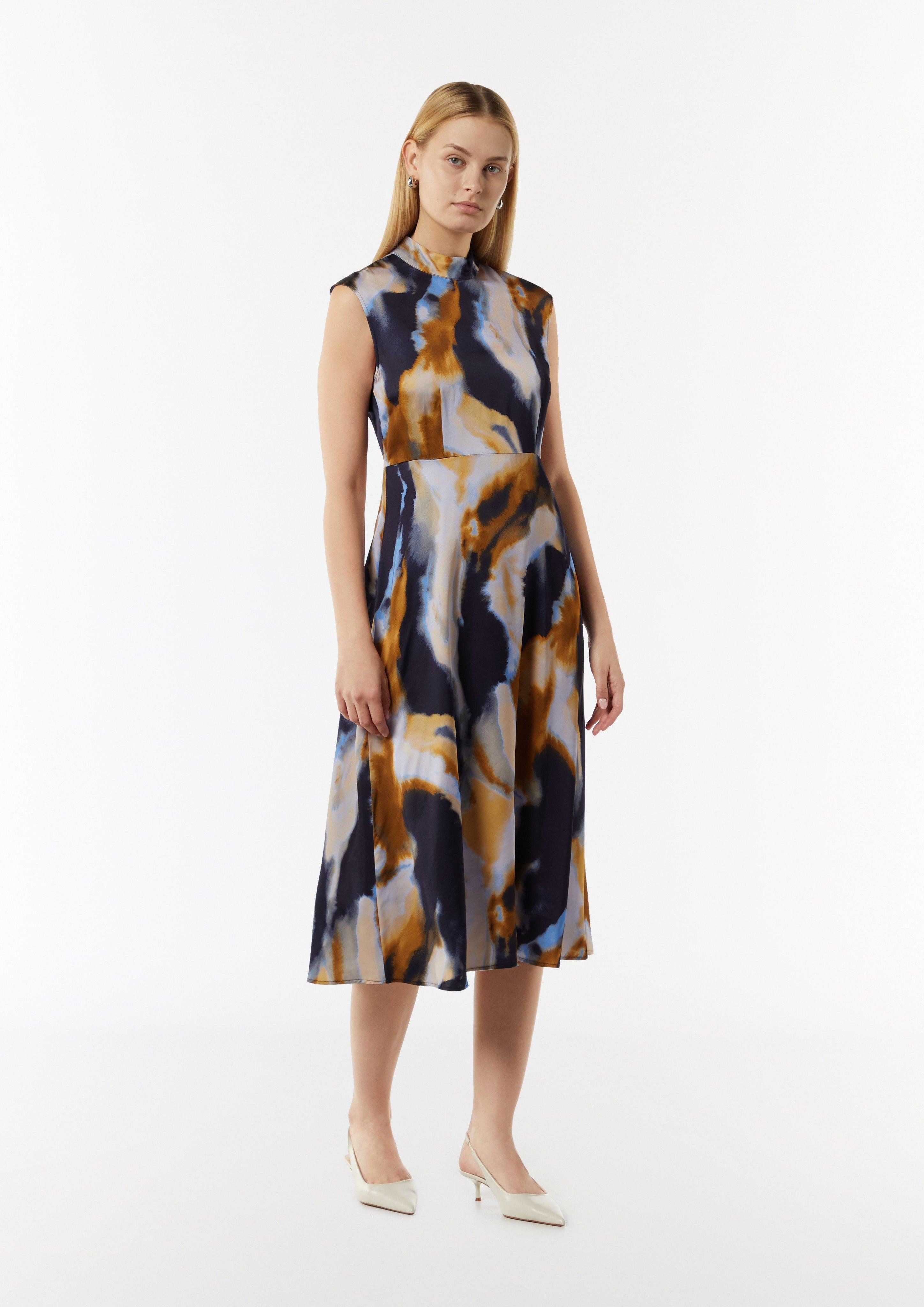 Maxikleid Midi Satin-Kleid mit Stehkragen