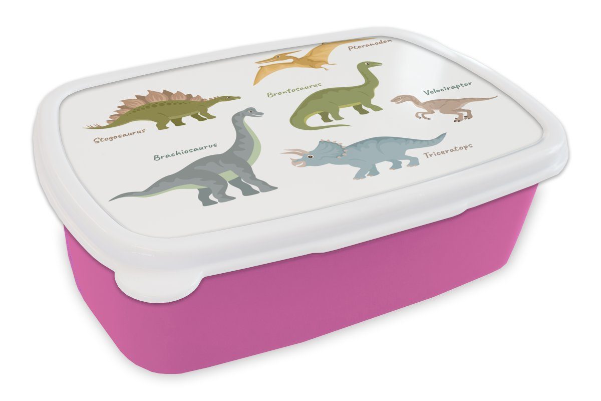 MuchoWow Lunchbox Dinosaurier - Jura - Kinderzimmer, Kunststoff, (2-tlg), Brotbox für Erwachsene, Brotdose Kinder, Snackbox, Mädchen, Kunststoff rosa