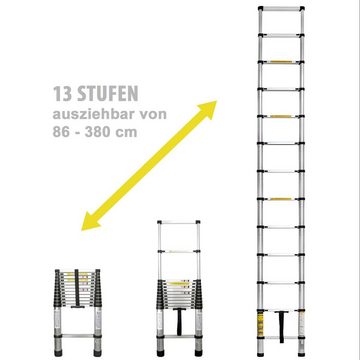EAXUS Teleskopleiter Ausfahrbare Leiter Aluminium 3,8 Meter DIN EN 131 Mehrzweckleiter, 13 rutschfeste Sprossen, zusammenklappbar auf 86 cm