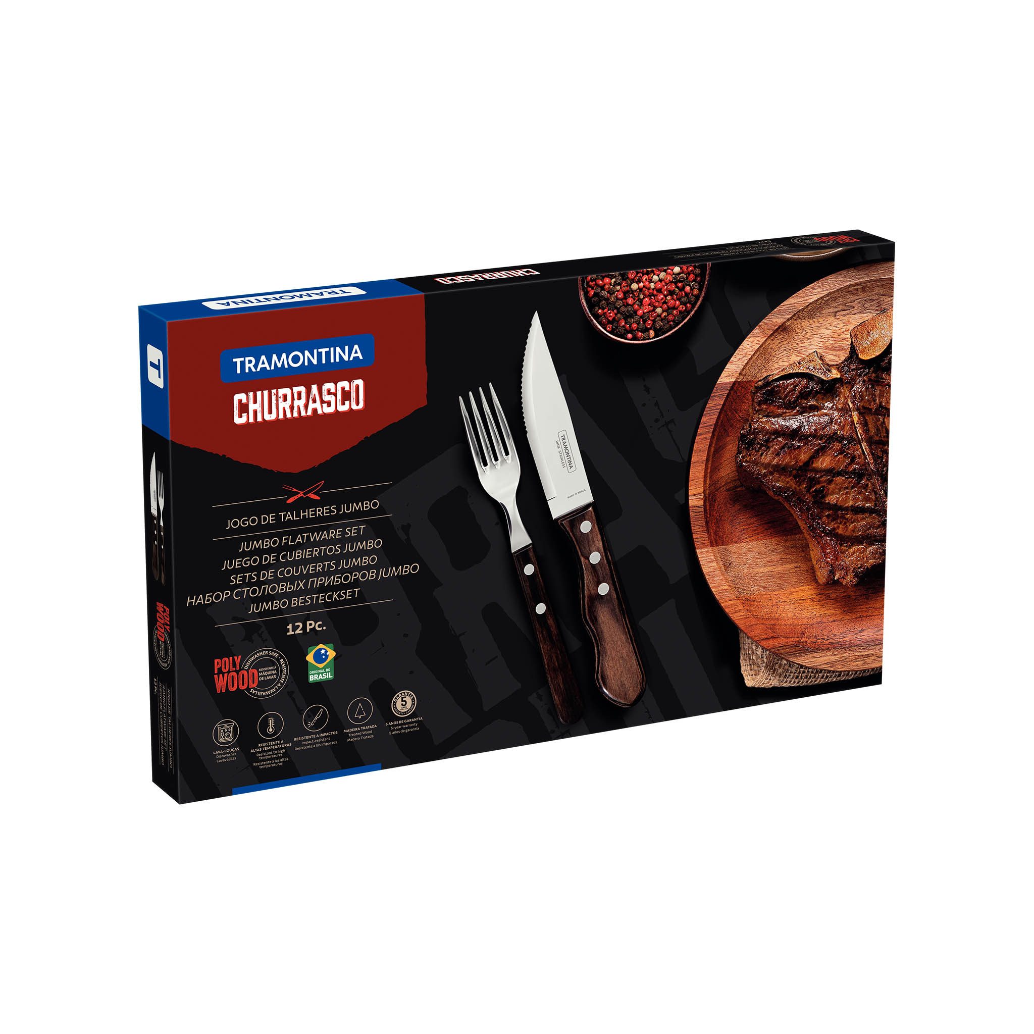 Tramontina Steakbesteck 12-tlg. Set, rostfreier Edelstahl, scharfer Wellenschliff (12-tlg), 6 Personen, Edelstahl, Edelstahl, für 6 Personen, FSC Echtholzgriff, spülmaschinenfest