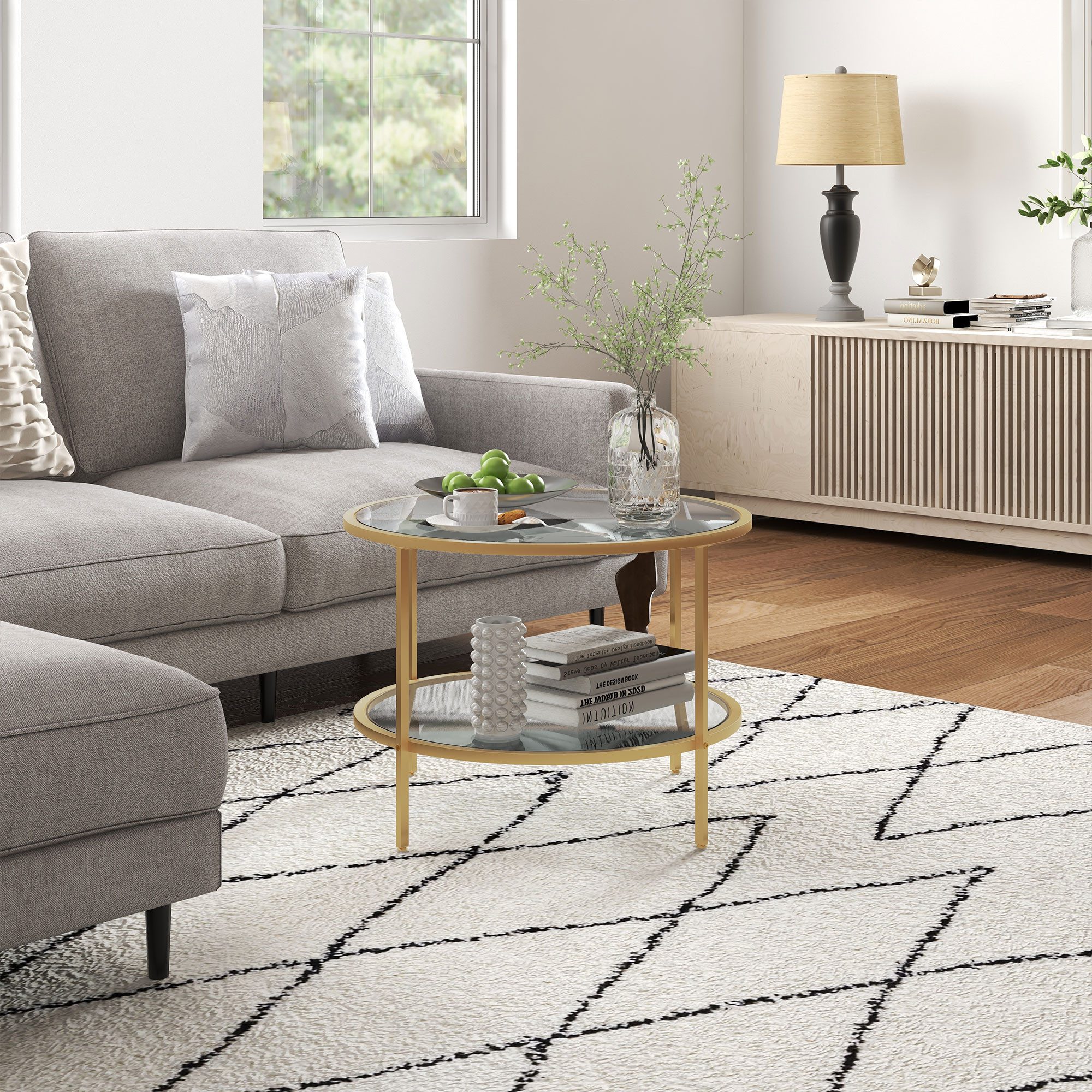 HOMCOM Beistelltisch Rund, Stahlrahmen, Kaffeetisch, Schlafzimmer, Ø60 x 43 cm (Couchtisch, 1-St., Nachttisch), für Wohntimmer, Gold