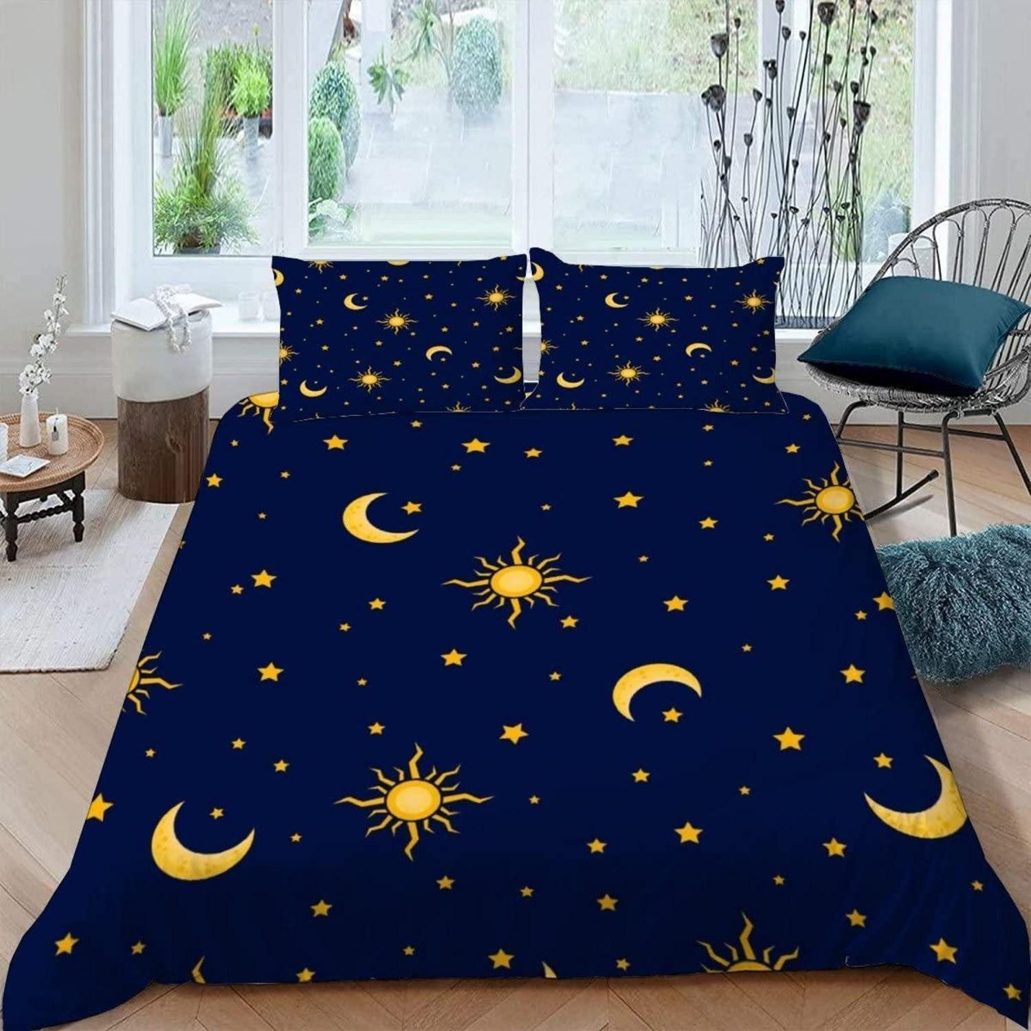 LuxusKollektion Jugendbettwäsche Bettwäsche-Set 3D Sonne Mond Sterne 155x220 Blau Gold
