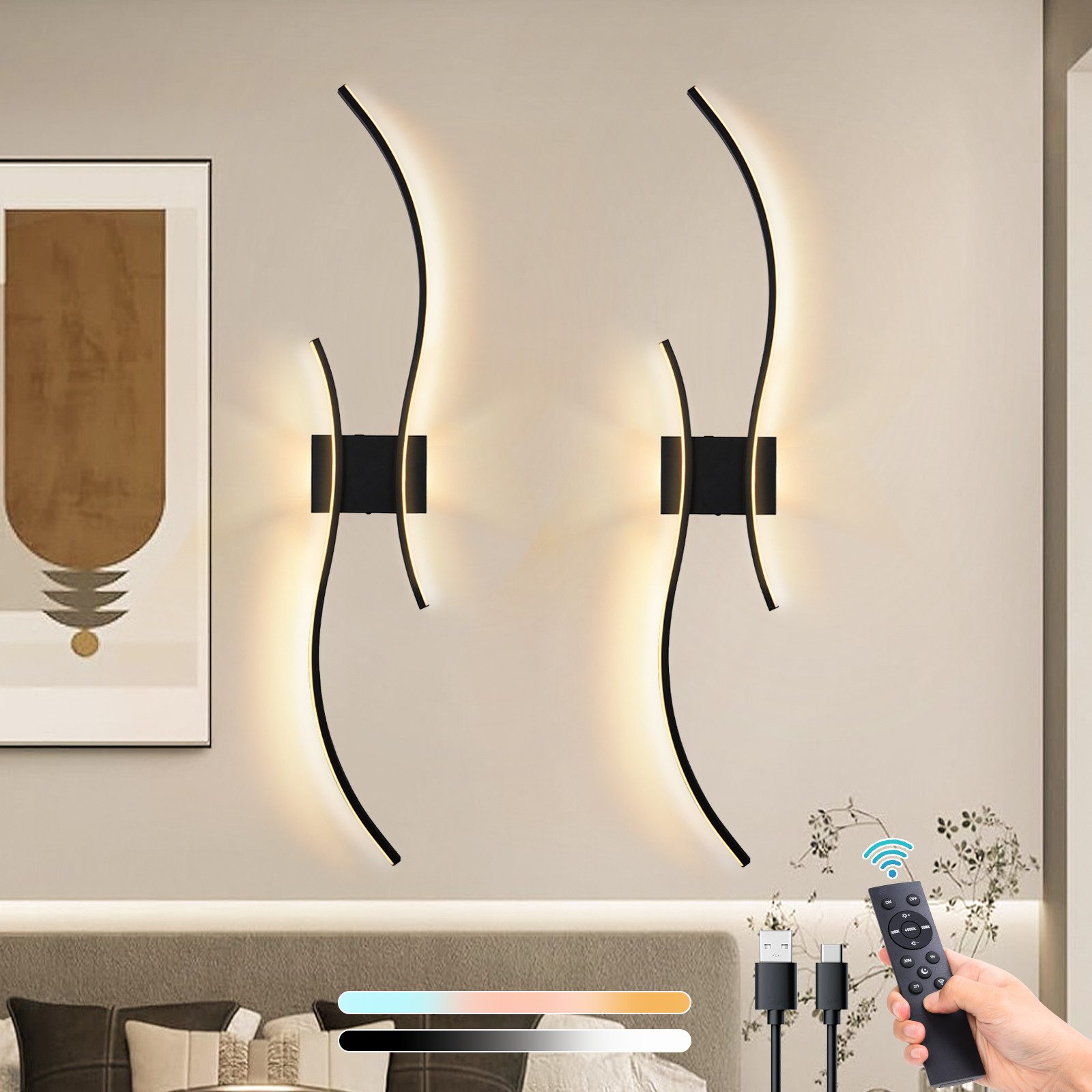 Lapalife Wandleuchte Kabellose Akku Dimmbar&Timing Wandlampe mit Fernbedienung, 2700K-6500K, Wiederaufladbar Wandleuchte für Wohnzimmer Schlafzimmer