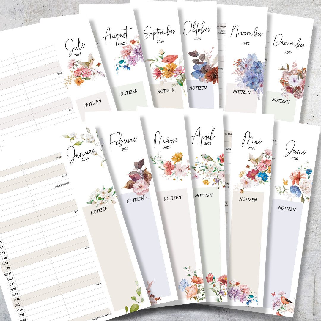 heaven+paper Jahresplaner A4 Wandkalender 2 Spalten WILDFLOWER 2026, hochwertig, Hergestellt in Deutschland