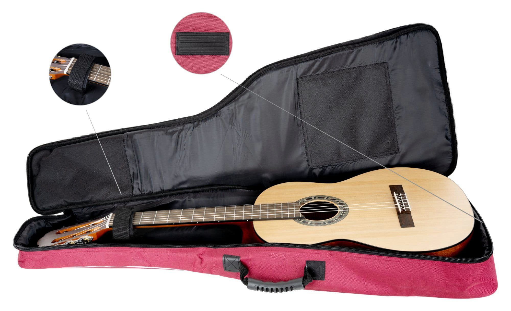 Rocktile Gitarrentasche Klassik-Gitarrentasche weicher Ergonomisch (Gigbag geformter Noten/Zubehör), Fronttaschen für Komfort-Griff mit Weinrot inkl. 1/2-Größe Polsterung, 2
