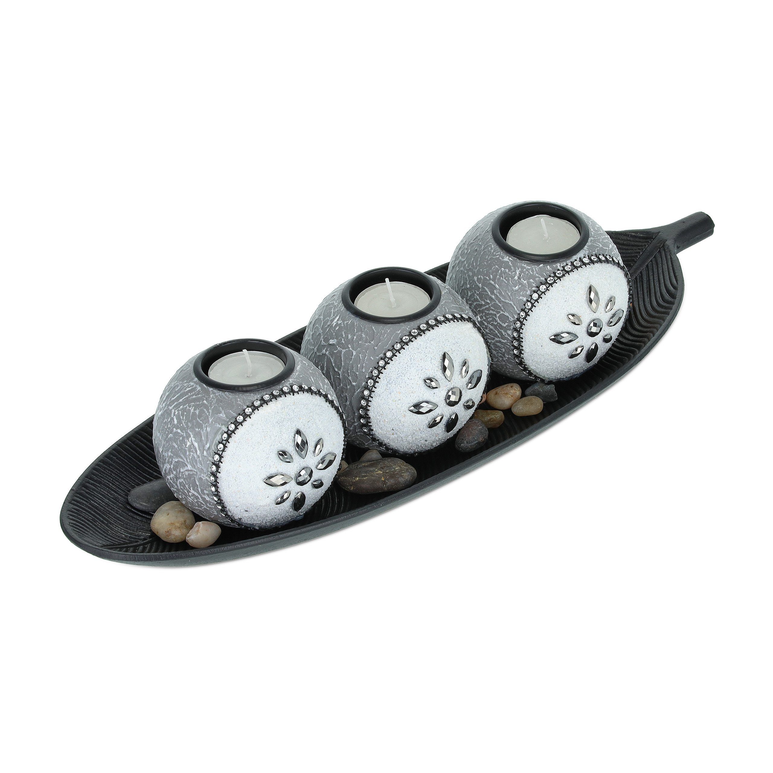 relaxdays Teelichthalter mit Tablett Teelichthalter Set in Grau & Schwarz