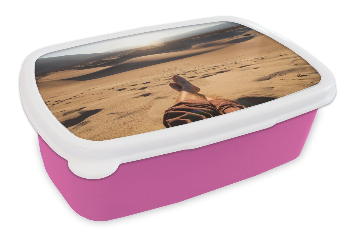 MuchoWow Lunchbox Amerika - Sand - Füße, Kunststoff, (2-tlg), Brotbox für Erwachsene, Brotdose Kinder, Snackbox, Mädchen, Kunststoff rosa