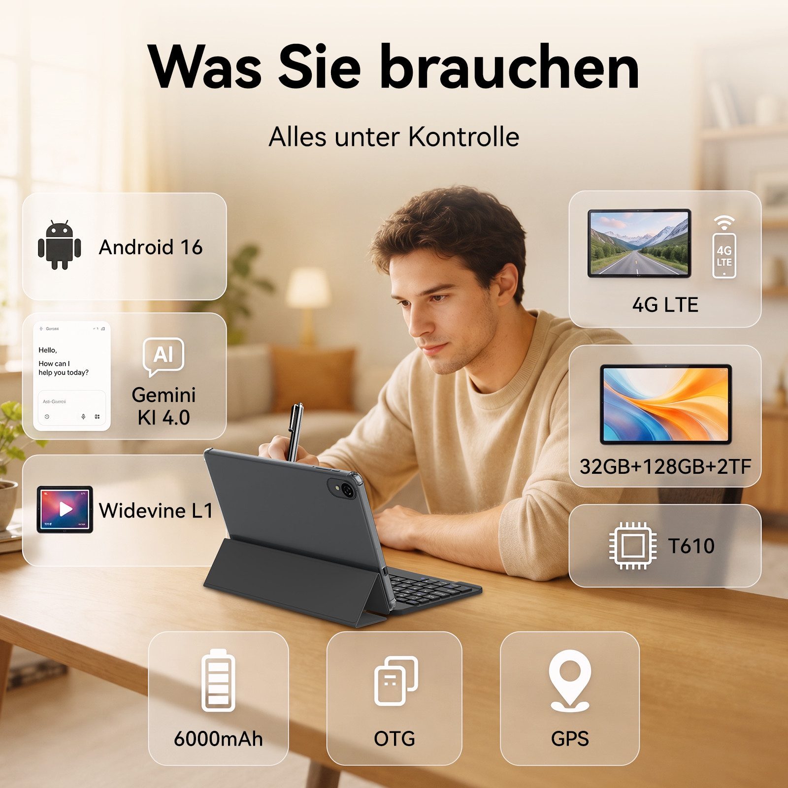 TABWEE KOBONA W80 10" Android 16 4G LTE 5G WiFi Set Tablet (10.1", 128 GB, Android16, 4G(LTE), 6000mAh, Nano SIM-Karte, 16:10-Bildschirm, Gemini AI 4.0) – Bild 2 von 5