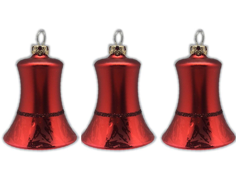 Thüringer Glasdesign Weihnachtsbaumkugel "Glocken Set" 5 cm (3 Stück) - Christbaumschmuck aus Glas - Made in Germany (3 St), Mundgeblasen Rot