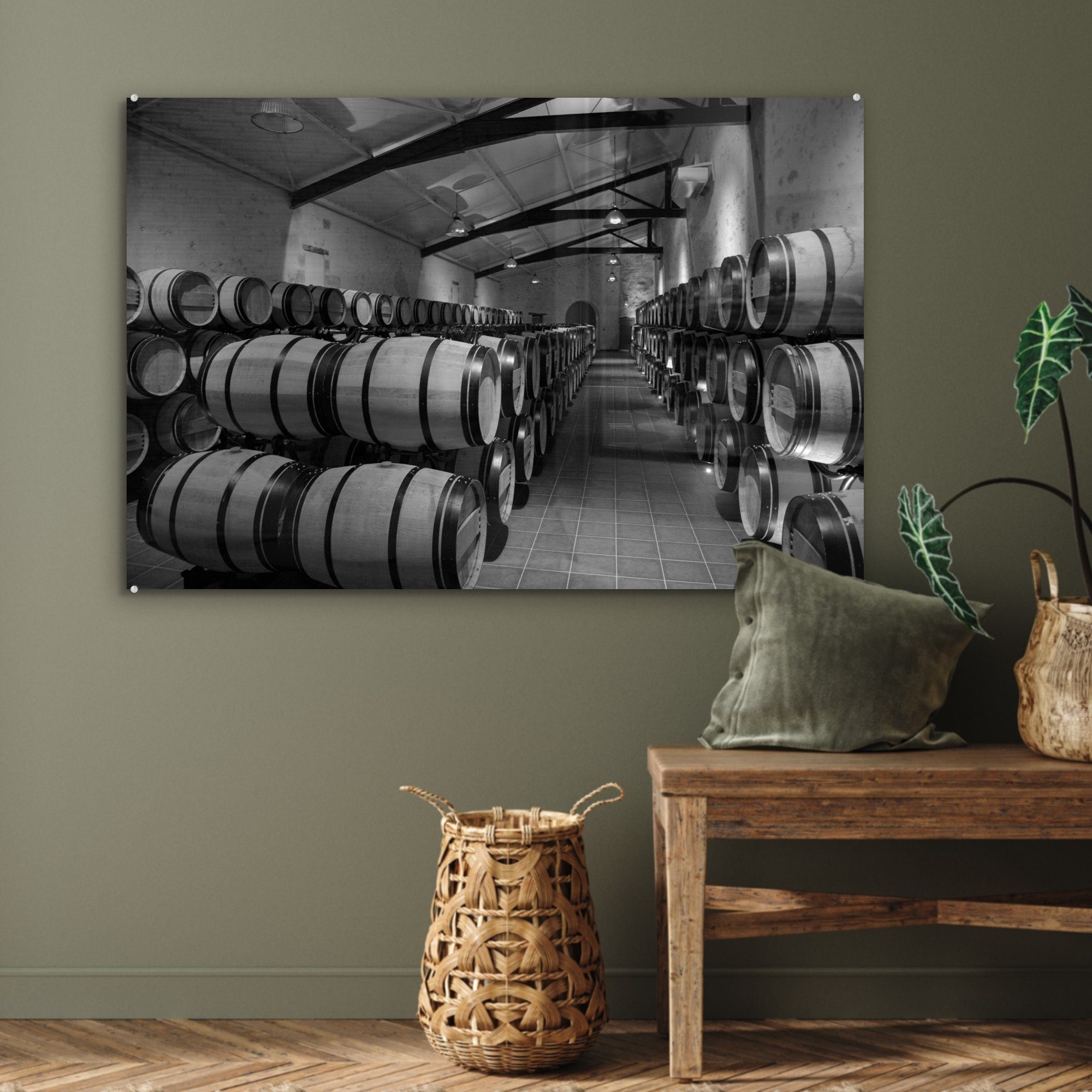 Bordeaux, Weinkeller auf Acrylglasbild Blick Frankreich einem Wohnzimmer in Schlafzimmer St), Weinfässer & in (1 -, Acrylglasbilder die MuchoWow