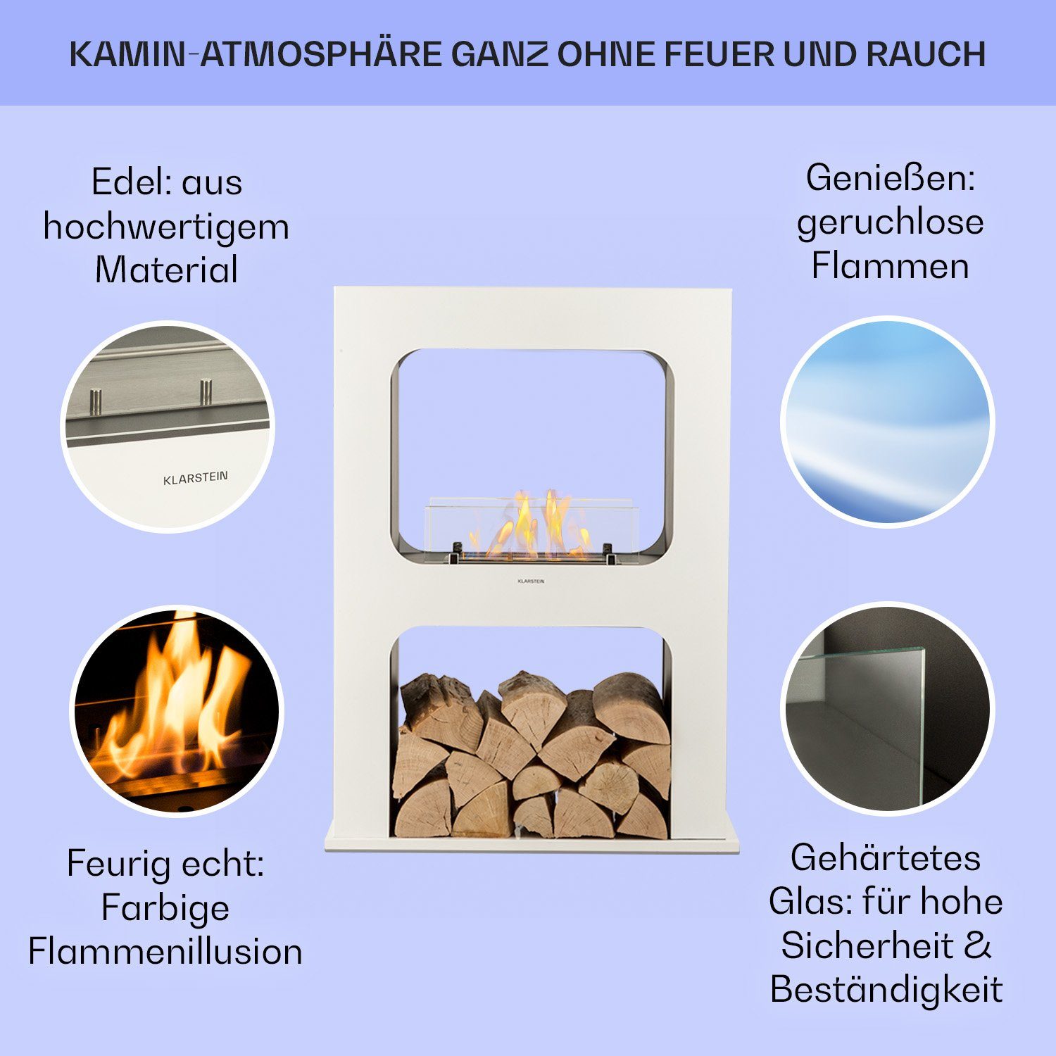 Phantasma Weiss Kaminofen Klarstein Peña Echtfeuer-Dekokamin Ethanol-Kamin, Sicherheitsbrenner Bio-Ethanol