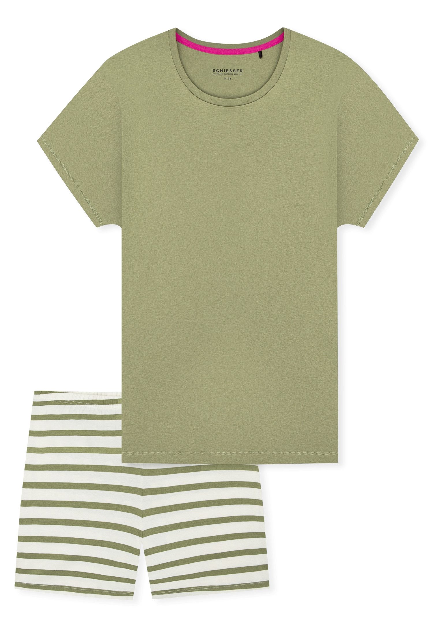 Schiesser Shorty Casual Essentials (2 tlg) mit unifarbenem Shirt und gestreifter Hose