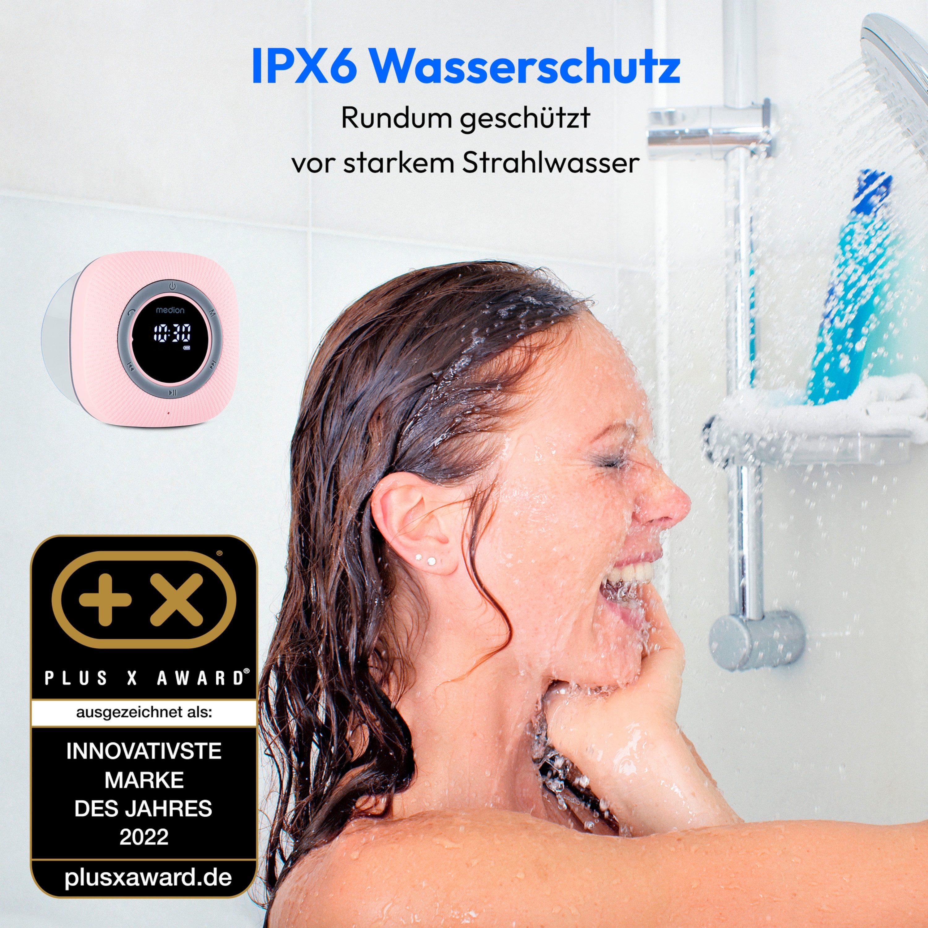 Medion® S66884 (MD 43884) Duschradio mit Bluetooth Radio (MW/UKW, 3 W, Saugnapf, LED-Display, IPX6 Wasserdicht, integrierter Akku, pink)