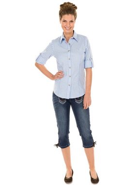 OS-Trachten Trachtenbluse Trachtenbluse CHECKERED Langarm Stick hellblau