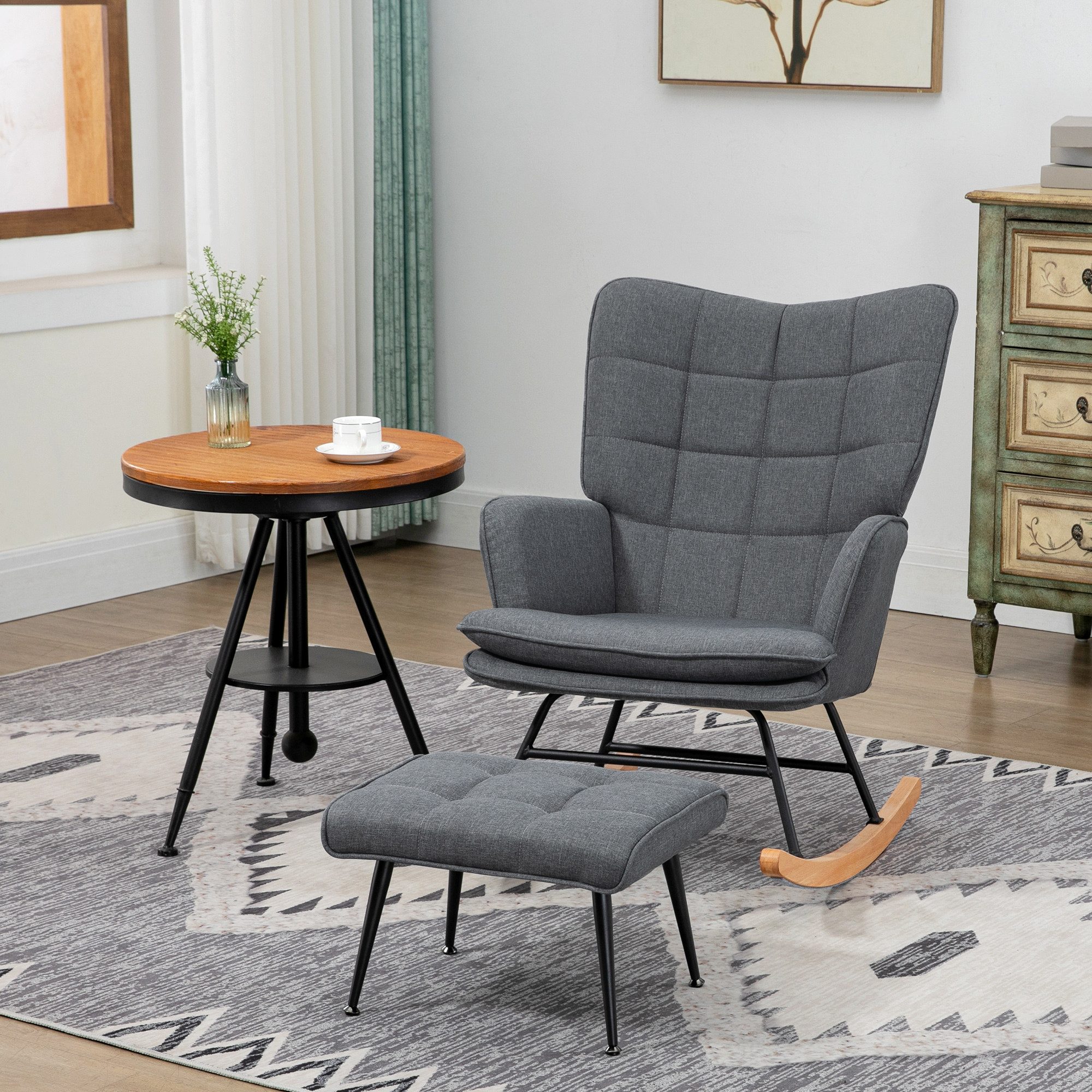 HOMCOM Schaukelsessel Schaukelstuhl mit Hocker, Sessel mit Leinenoptik (Armlehnsessel, 2-St., Schwingsessel), für Wohnzimmer, Schlafzimmer, Grau