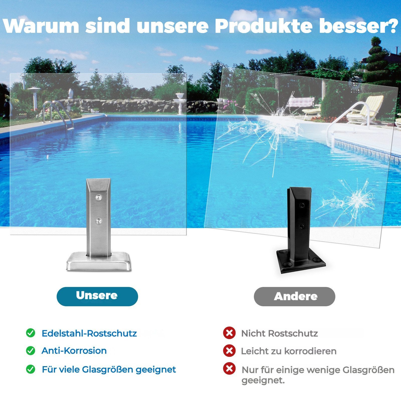 BlingBin Abstandshalter Edelstahl-Glasscheibenpfosten,Schwimmbecken-Zaunklemme,Glasklemme (3er Set, 3-St., 3 Stück) Stehende Glasklemme für Treppengeländer Balk – Bild 4 von 5