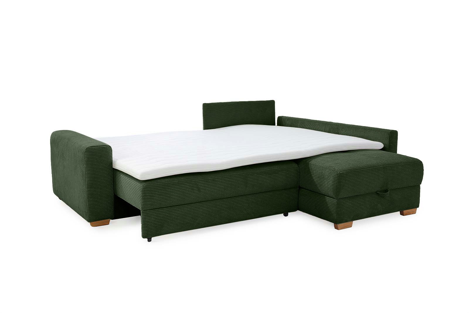 luma-home Ecksofa 15213, Dauerschläfer B257/T206/H85 cm mit Bettkasten und separatem Topper, Boxspringpolsterung, Ottomane links oder rechts, Cord Grün