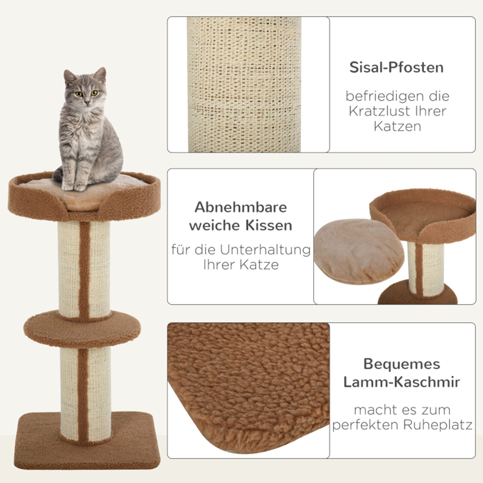 MC Star Kratzbaum 91 cm Katzenturm mit Sisalstämme, Plattform, Kissen mehrstöckiger, Katzenkratzbaum, Kletterbaum, für mittelgroße Katzen, Hellbraun