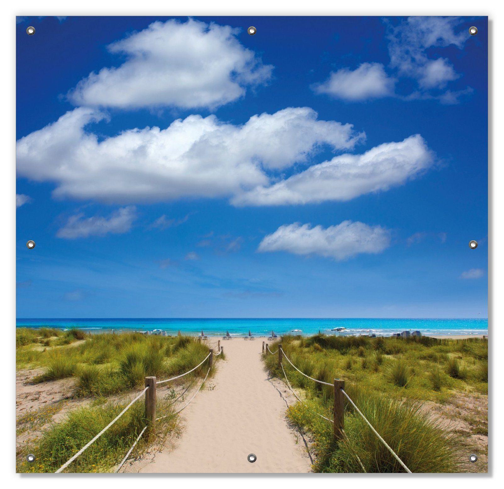Sonnenschutz Sandweg zum blauen Meer mit blauem Himmel, Wallario, blickdicht, mit Saugnäpfen, wiederablösbar und wiederverwendbar