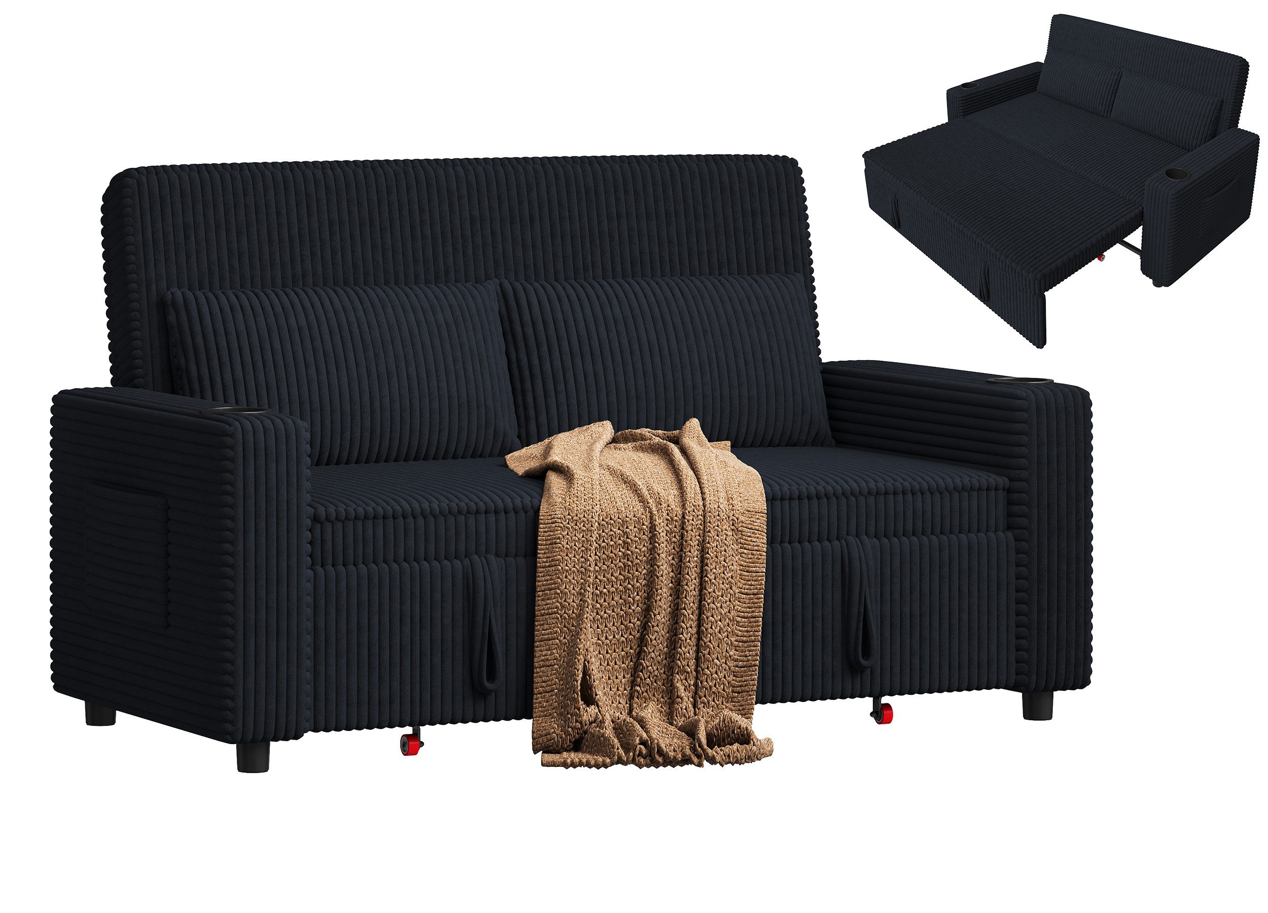 GUNJI Sofa Mit Bettfunktion, mit ausziehbarer sofas wohnzimmer, Hochwertiges Cordsofa mit zwei integrierten Getränkehaltern, ausziehbarem Doppelschlafsofa mit fünf Liegepositionen, geeignet für Wohn- und Schlafzimmer.