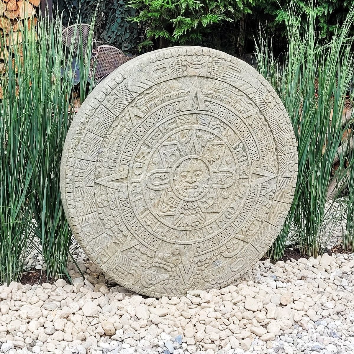 Oriental Galerie Dekofigur Mayakalender Steinfigur Scheibe Massiv Skulptur Rund 120 cm (1 St), Wetterfest, groß, Garten