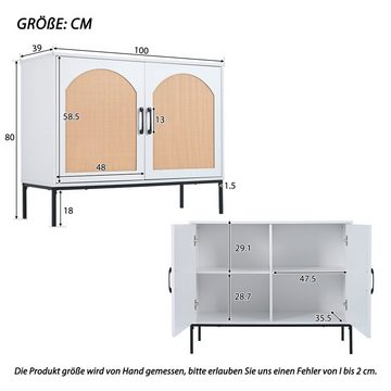 Merax Sideboard mit verstellbaren Einlegeböden, Kommode Holz, Breite:100cm, mit Rattantüren und Metallsockel