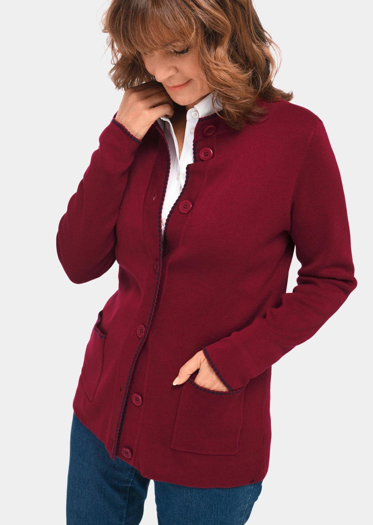 GOLDNER Strickjacke Herbstcardigan mit Stehkragen Longjacke mit Knopfleiste, Taschen, Zierkanten und Langarm