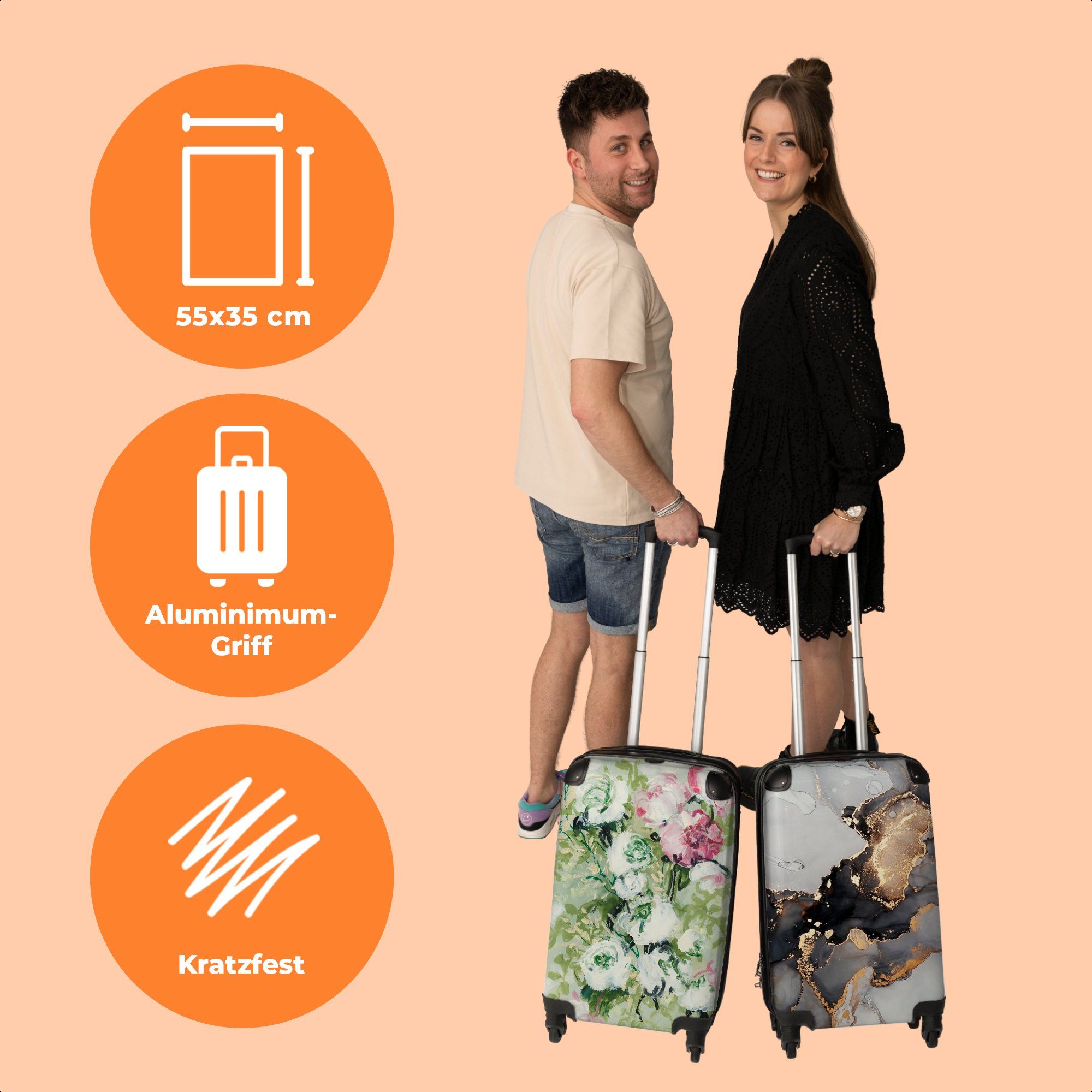 NoBoringSuitcases.com© Handgepäckkoffer 55x35x20cm Pflanzen - 4 Rollen, Handgepäck Trolley Rollen Reisekoffer - Kleine Natur, Cabin 4 Blumen Rollkoffer mit Grün - 