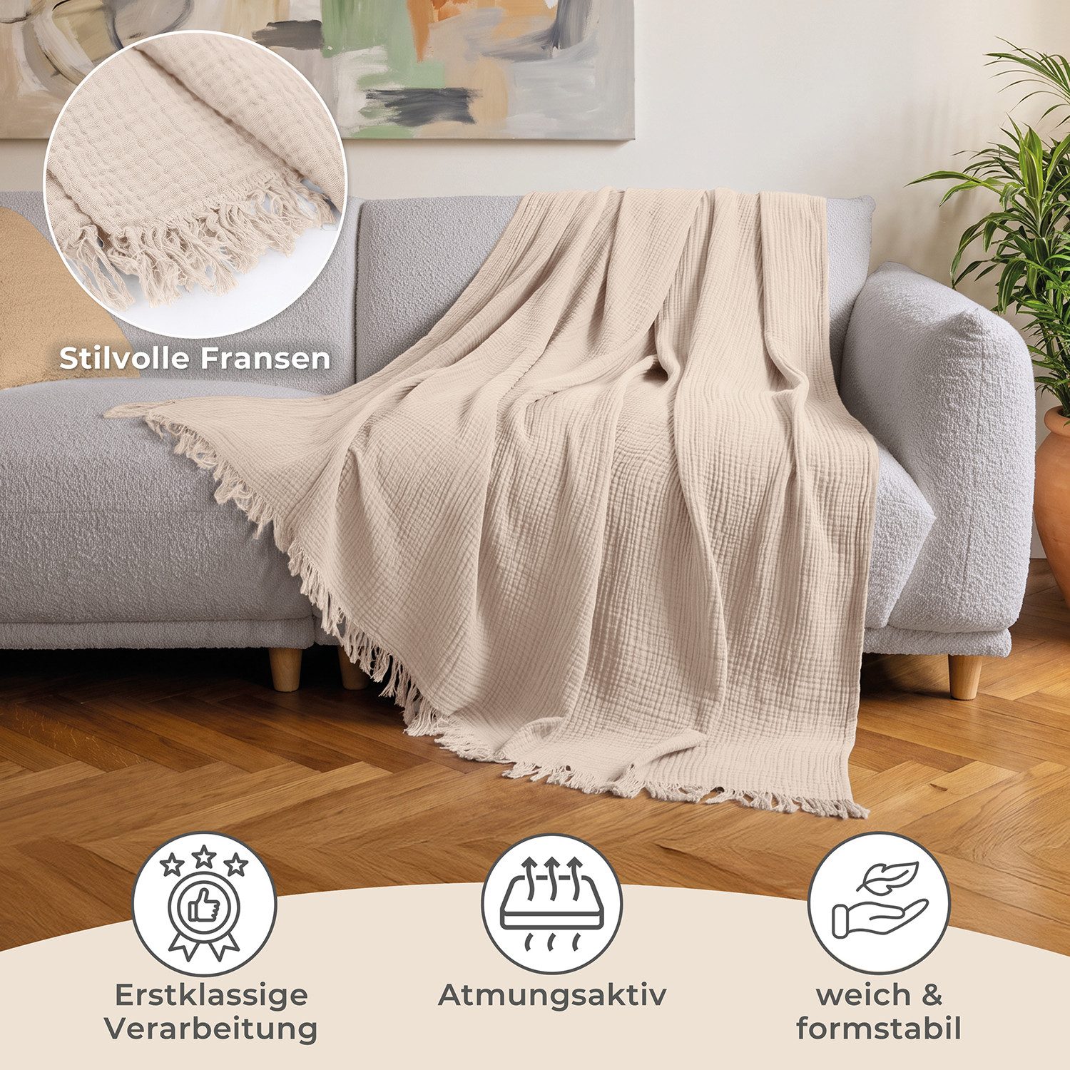 Laynenburg Tagesdecke Musselin mit Fransen aus 100% Baumwolle – Baumwolldecke, Wohndecke als Sommerdecke, Bett-Überwurf, Sofa-Decke, Kuscheldecke – Bild 3 von 5