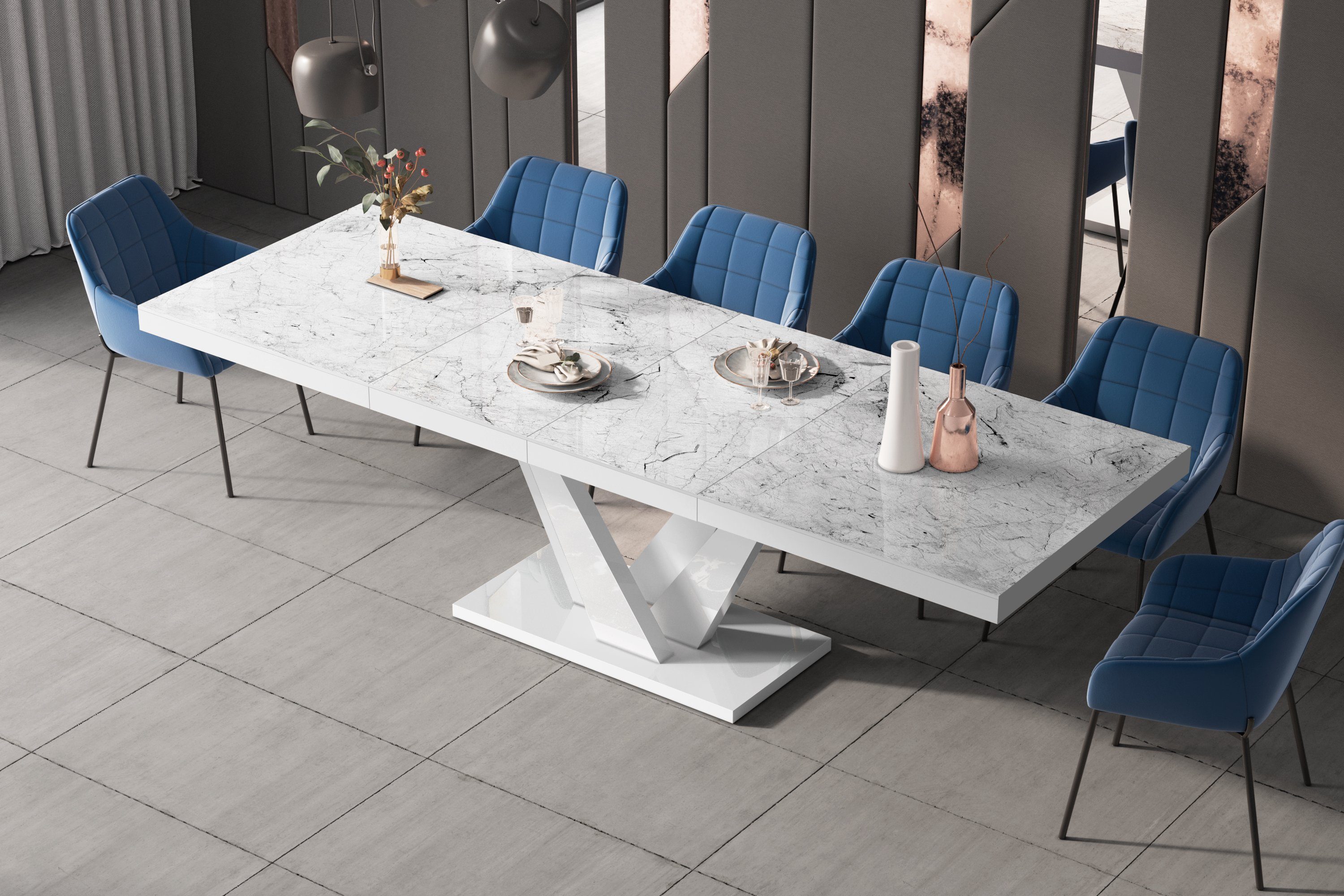 designimpex Esstisch Design Esstisch Tisch HEV-111 ausziehbar 160 bis 256 cm Marmoroptik Hochglanz - Weiß Hochglanz
