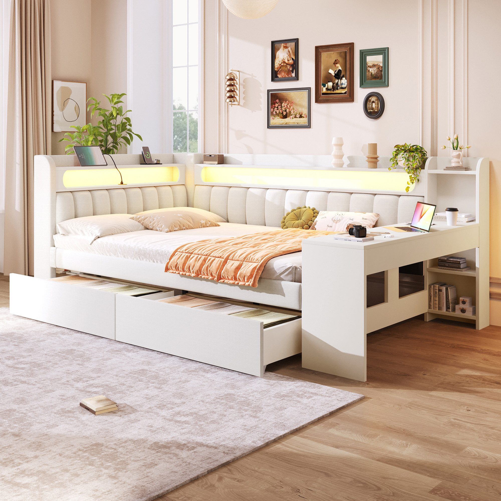 Merax Daybett 140x200cm mit LED-Beleuchtung und USB-Anschlüssen (Schlafsofa Sofabett Jugendbett Einzelbett aus Leinen, 1 tlg), Polsterbett Tagesbett mit 2 Schub – Bild 4 von 5