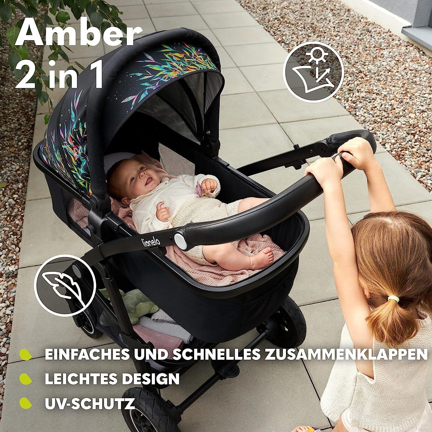 lionelo Kombi-Kinderwagen Amber, Tasche Moskitonetz Rosa 2in1 Regenschutz Schutzüberzug