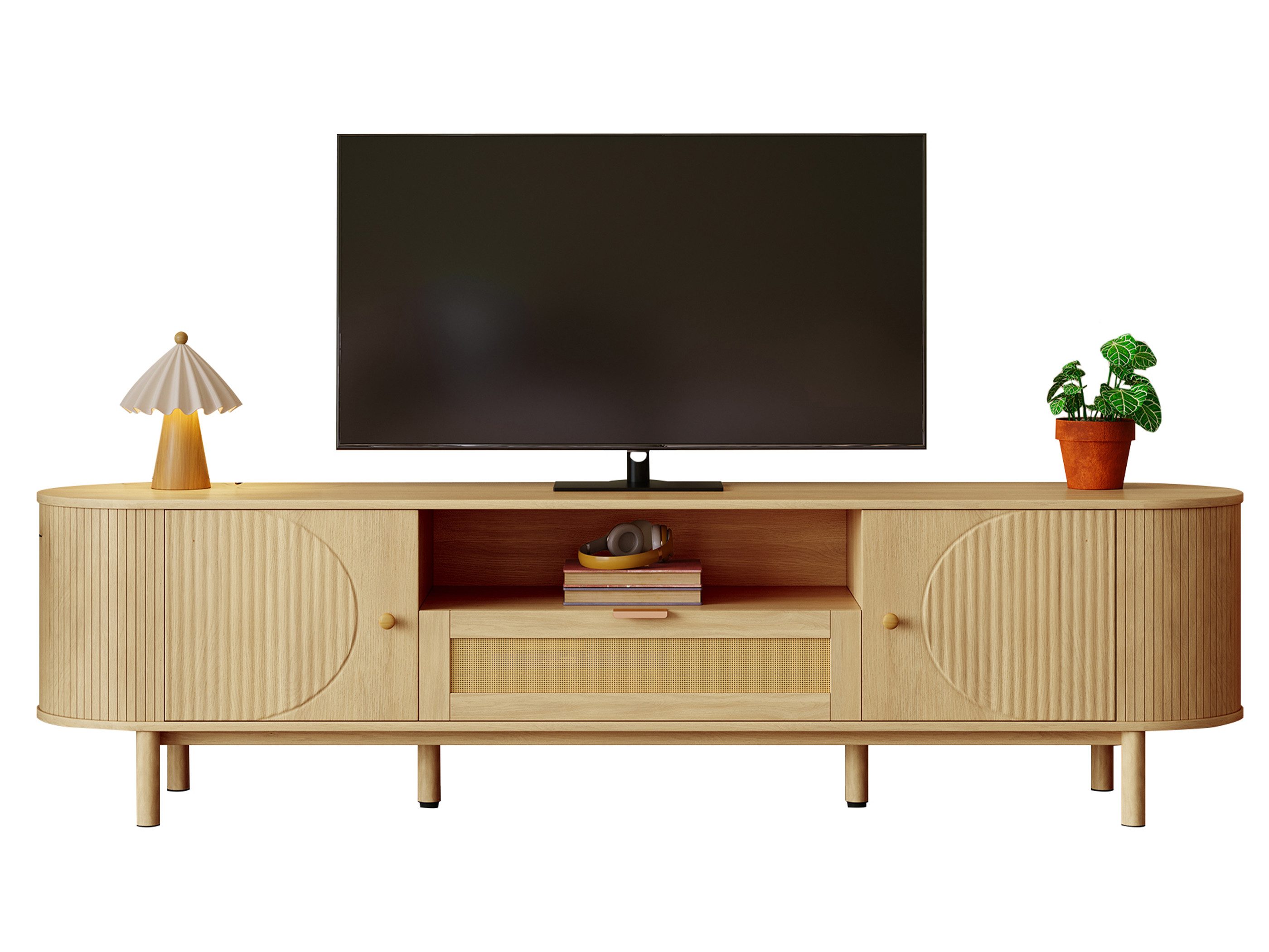 SeedWave Lowboard Ovaler TV-Schrank mit 2 Türen, 1 Rattanoptik-Schublade, 1 offenem Fach, Fernsehschrank 175cm lang inkl. Kabeldurchführung