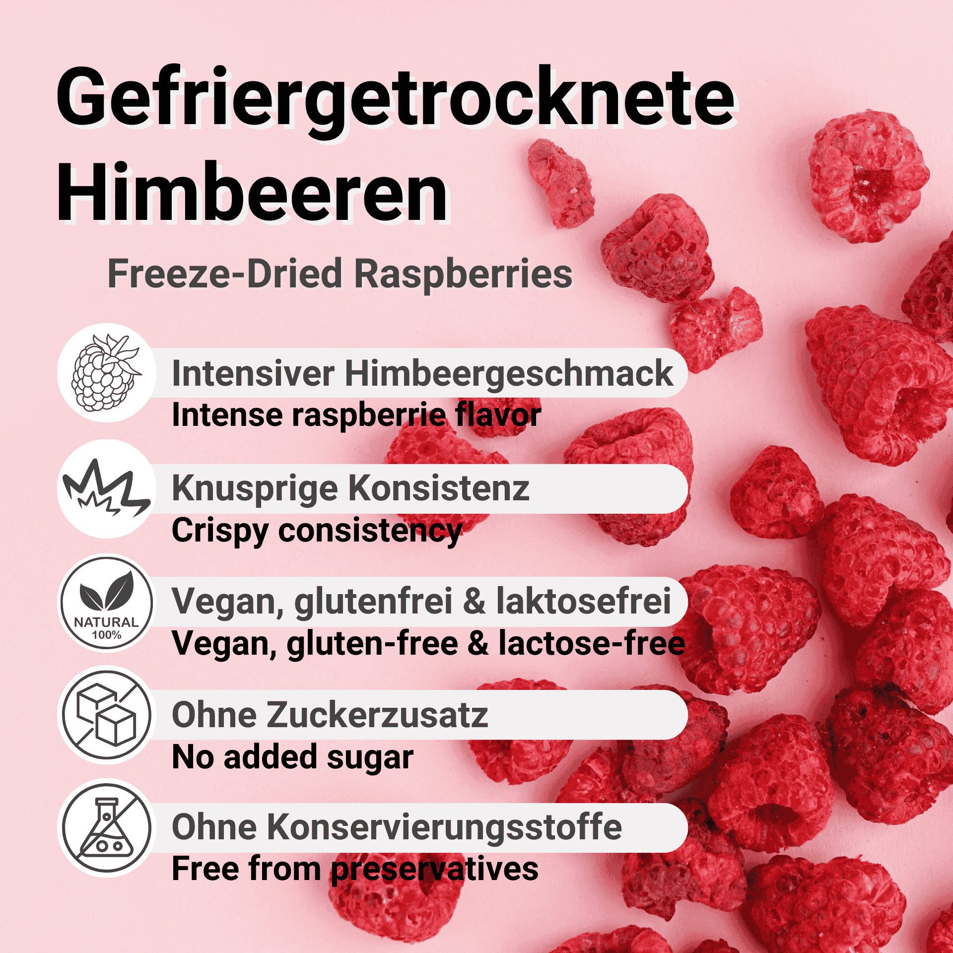 DistrEbution Trockenfrüchte Himbeeren Gefriergetrocknete Stücke, Ohne Zuckerzusatz, 100 g, Ohne Zuckerzusatz, künstliche Aromen oder Konservierungsstoffe