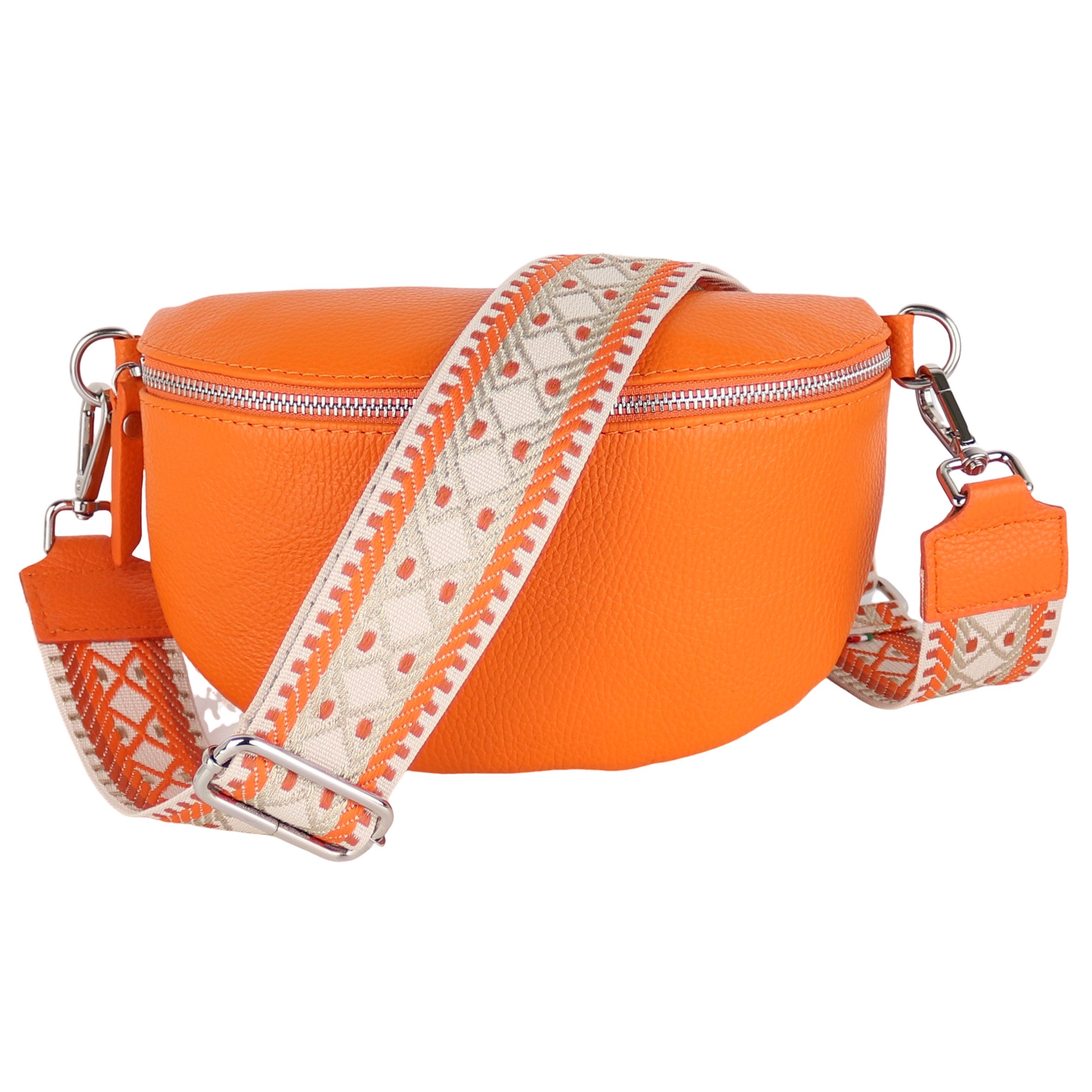 MIRROSI Bauchtasche Damen, Echtleder, Made in Italy, Umhängetasche, Brusttasche, (Schultertasche für jeden Anlass (1 Tasche & 2 Gurte), Crossbody Bag, Orange, gemusterten& verstellbaren Schulterriemen