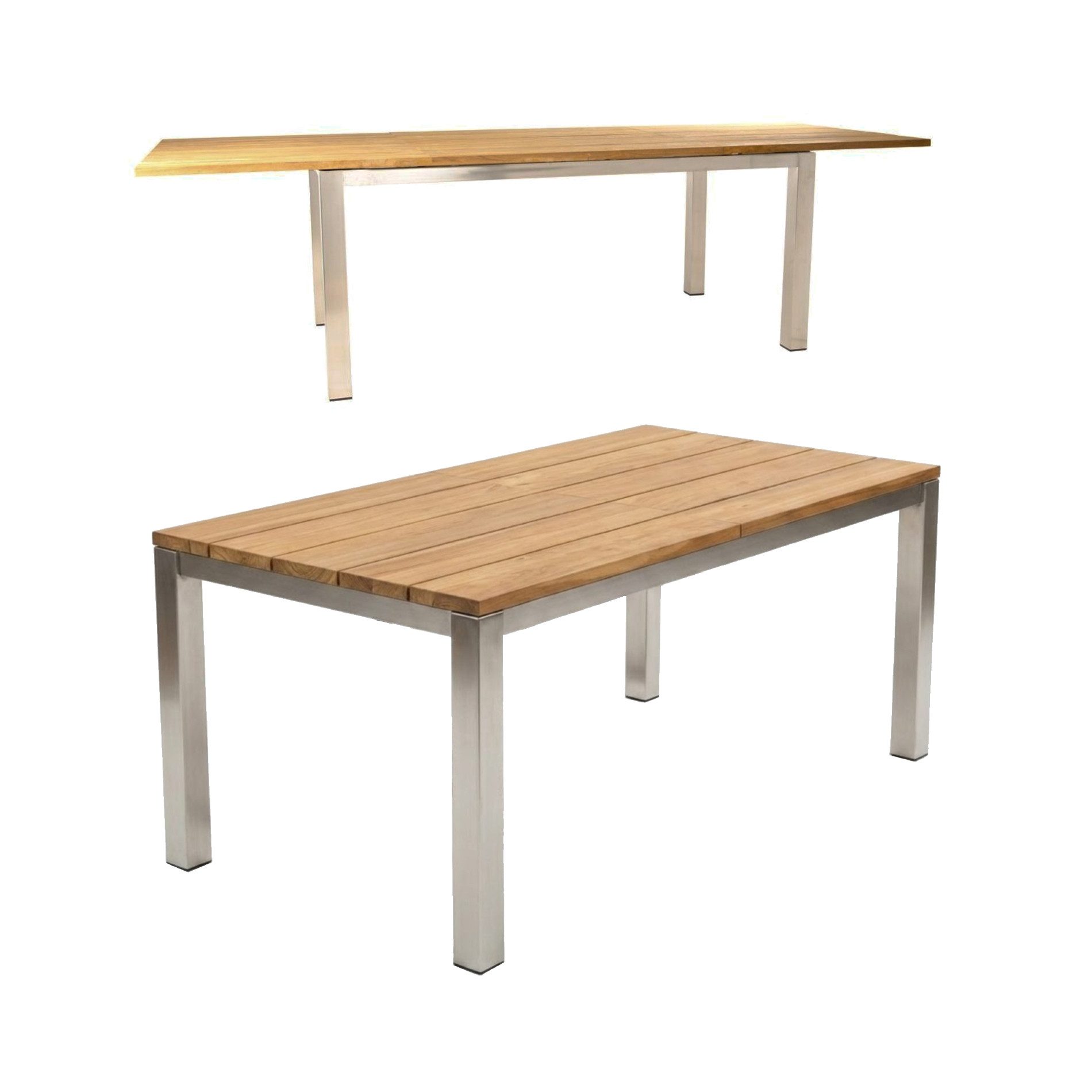 Jati & Kebon Gartentisch Como, Ausziehtisch, Edelstahltisch mit Teakholzplatte, herausklappbare Einlegeplatte, ausziehbar auf 270 cm